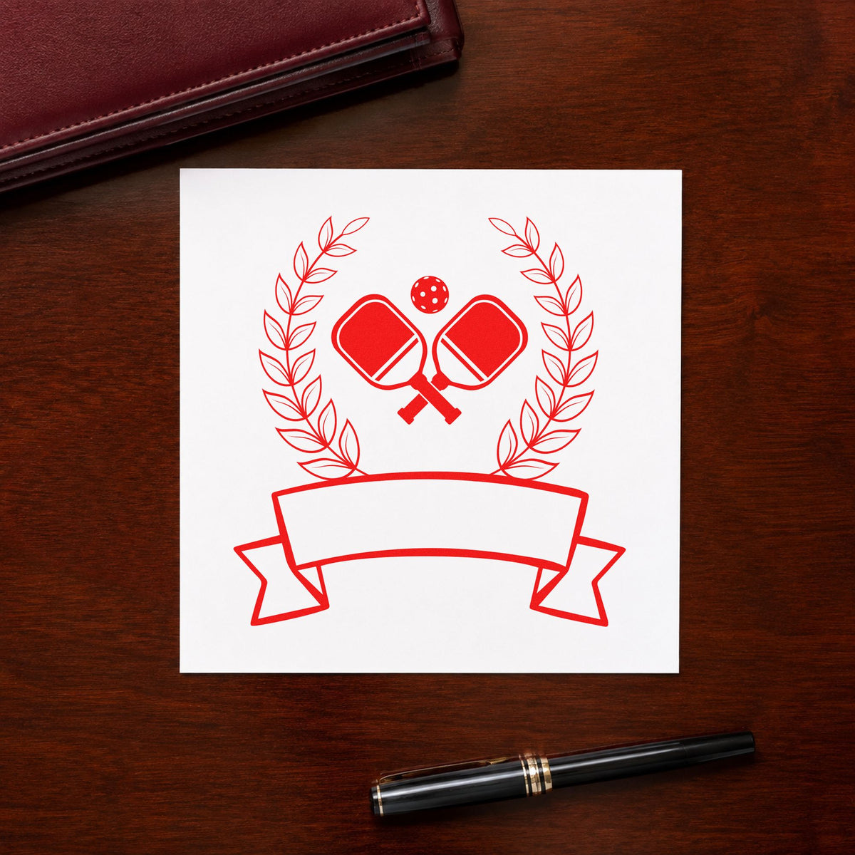 Pickleball Laurel Blank Ribbon craft stamp imprint in red ink on a handmade project, one idea being winner note cards.