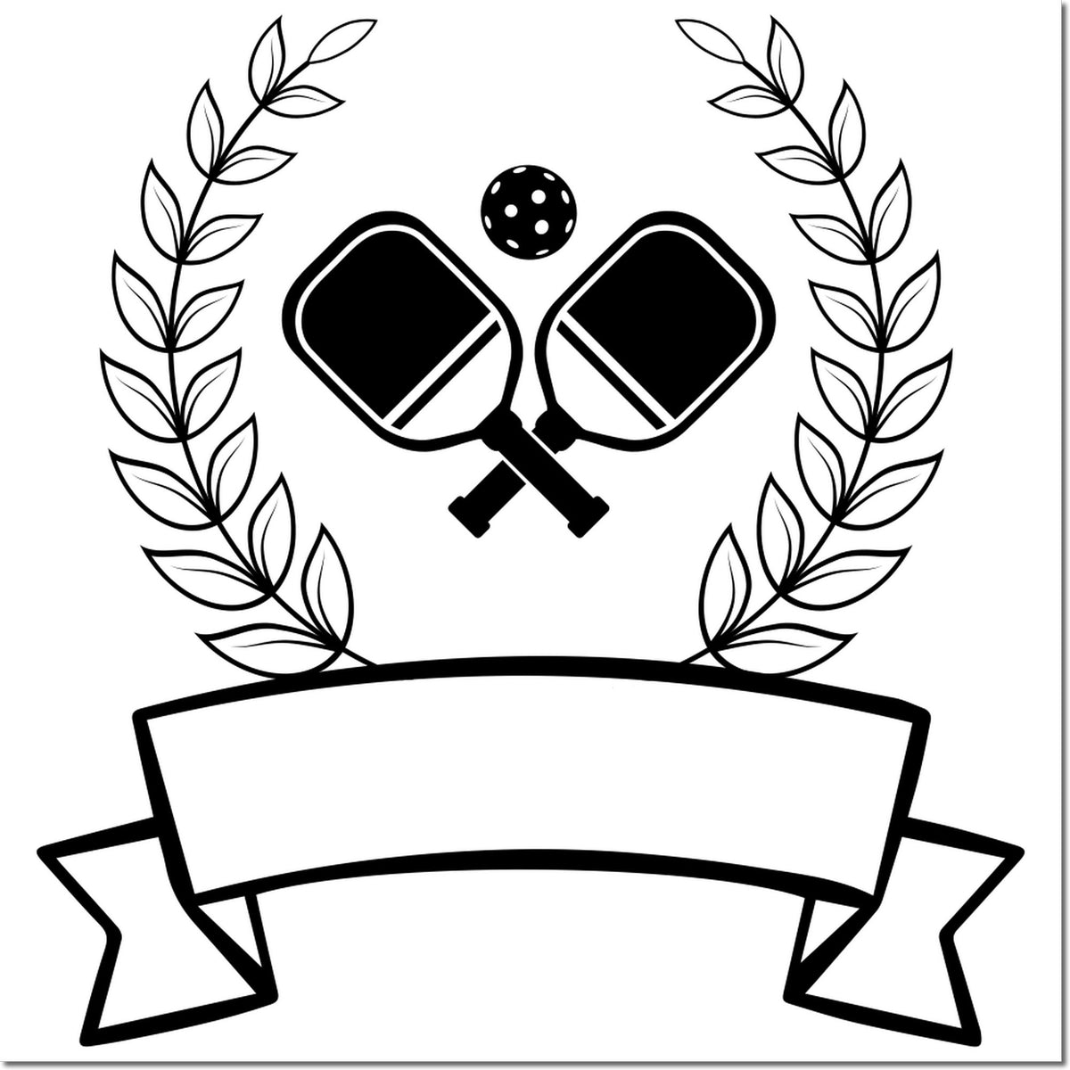 Pickleball rubber stamp design with crossed paddles, ball, laurel wreath, and blank banner for custom sports text