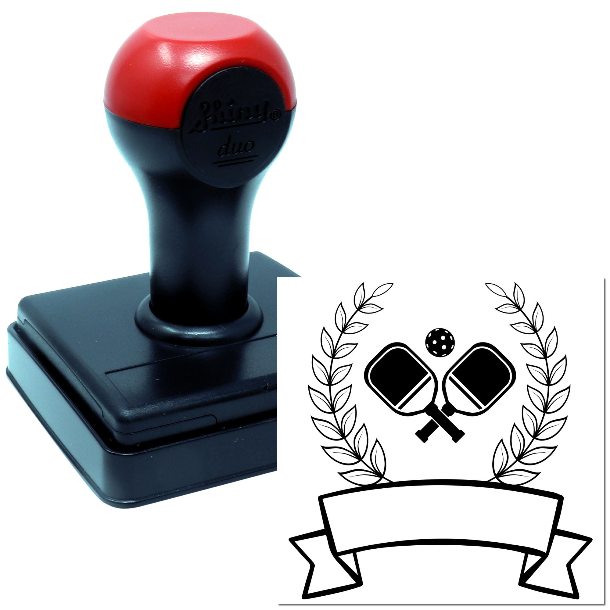 Custom self-inking rubber stamp with pickleball paddles, laurel wreath, and banner design for personalized branding.