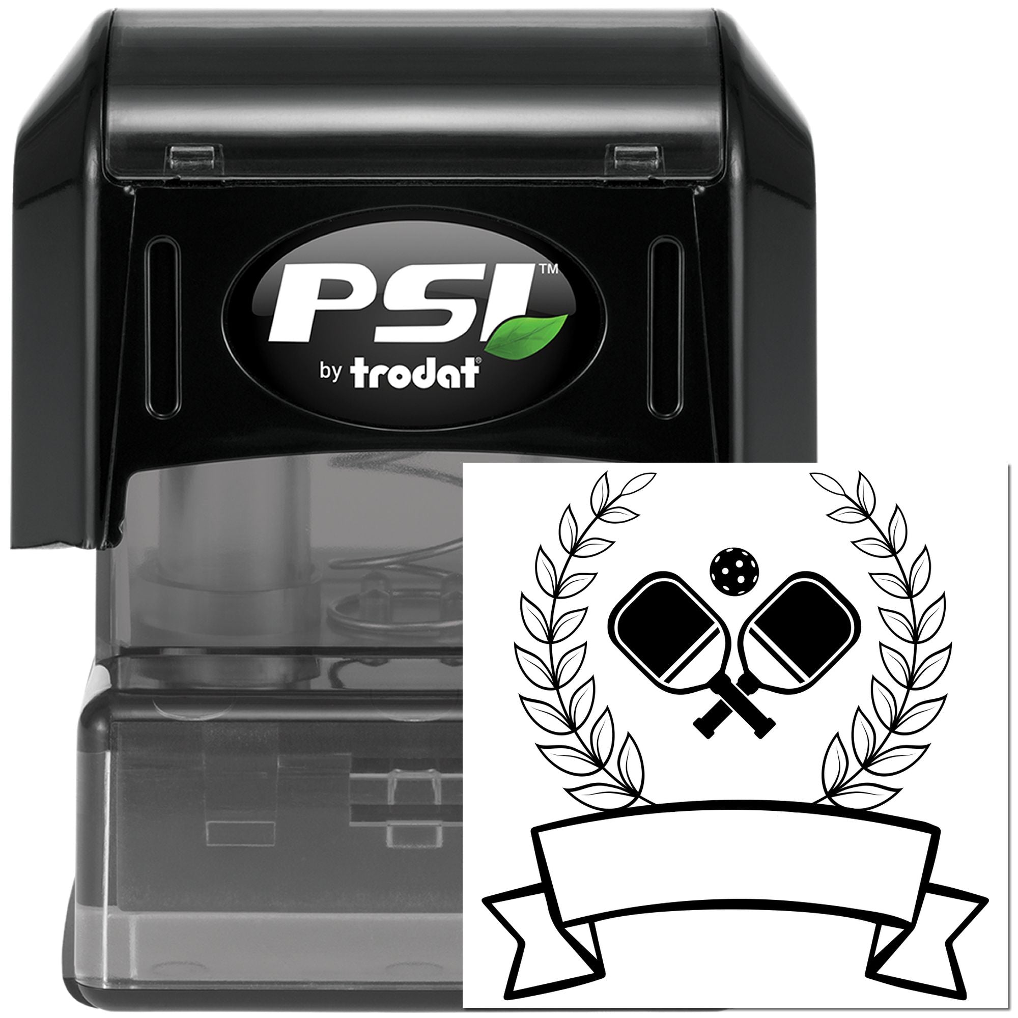 PSI by Trodat self-inking rubber stamp featuring pickleball paddles, laurel wreath and banner for custom sports logo stamping.