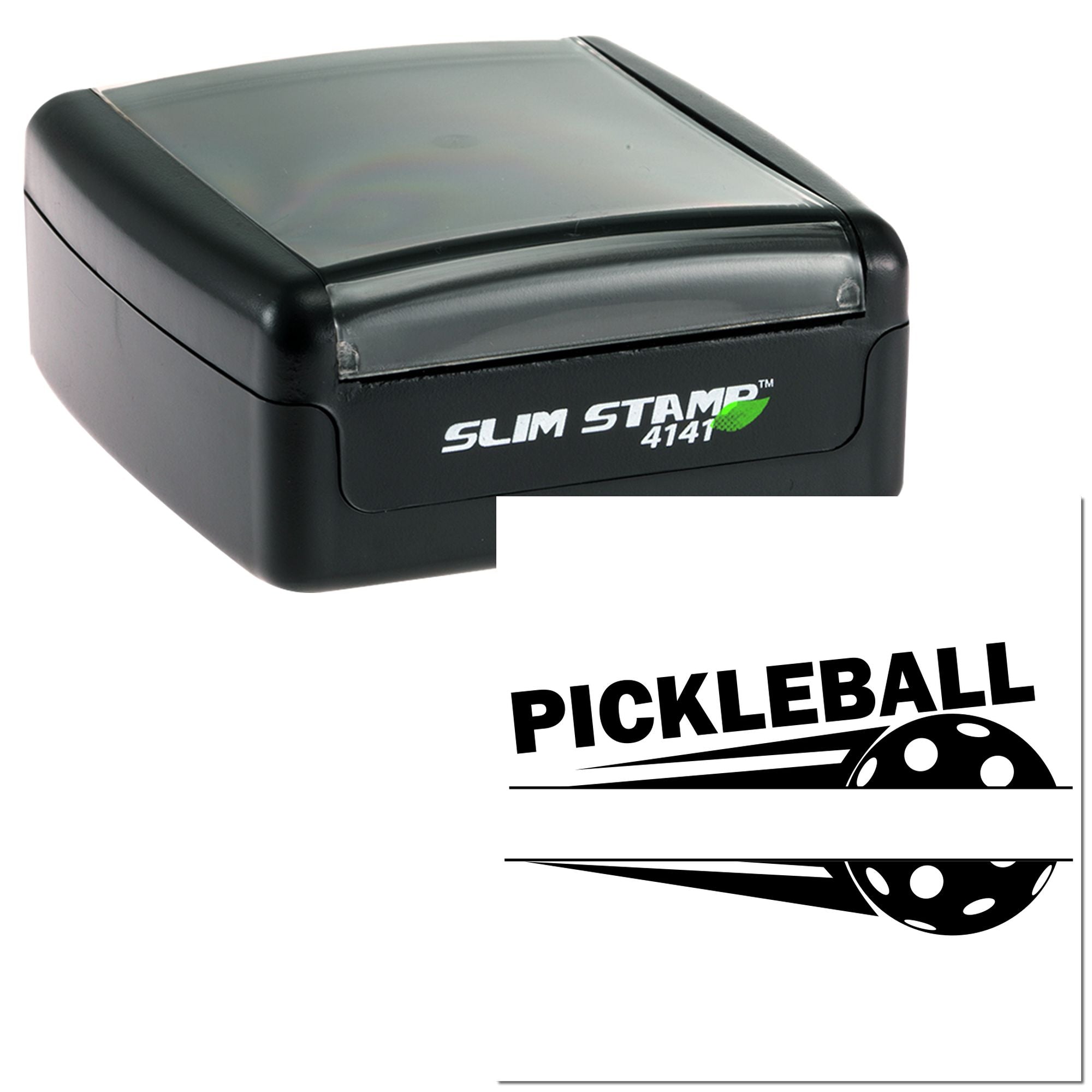 Pickleball custom rubber stamp in Slim Stamp 4141 case for sports branding, labels, and personalized packaging.