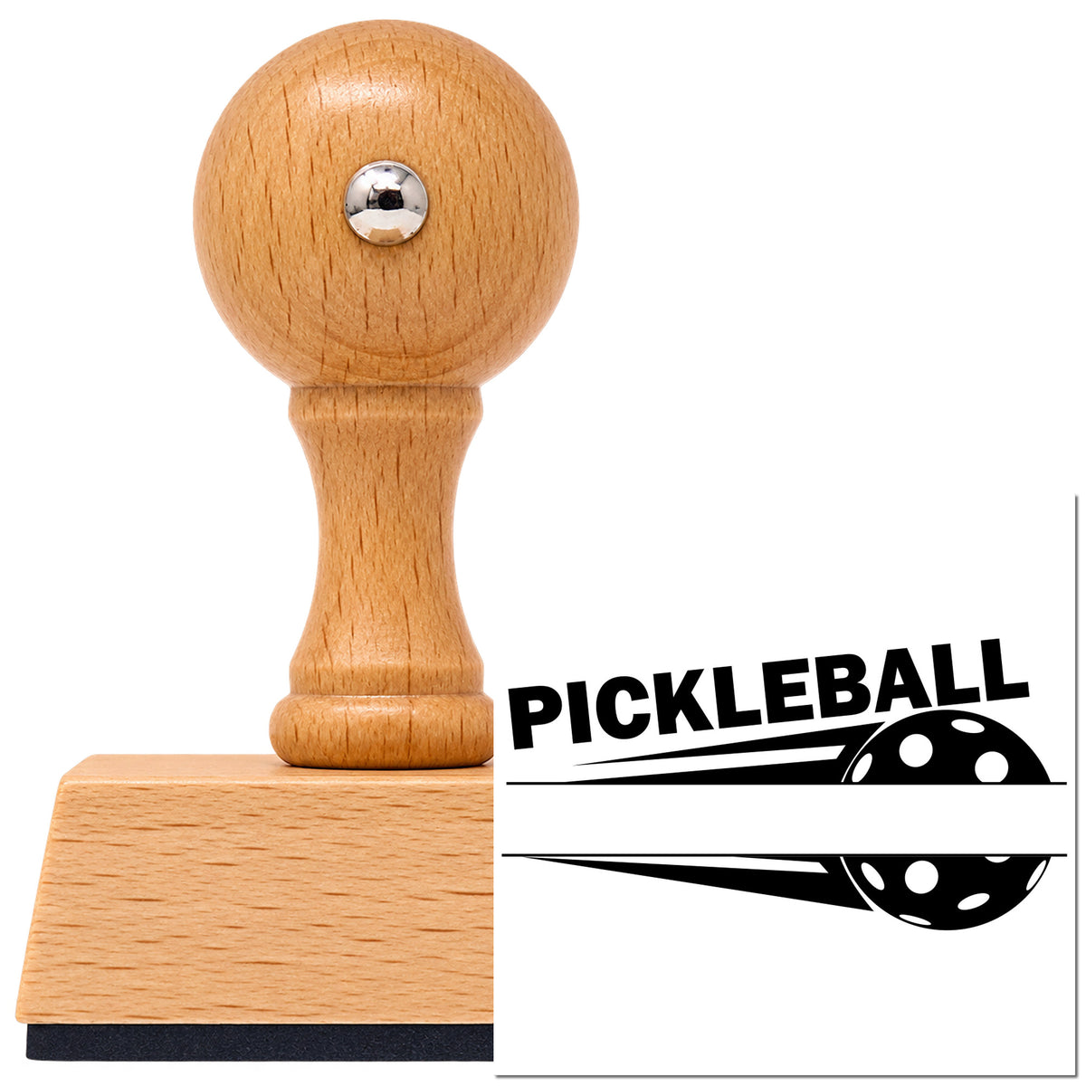 Pickleball Speed Blank Banner Vintage Pro rubber stamp in European beech wood with a round knob handle, shown beside its black imprint.