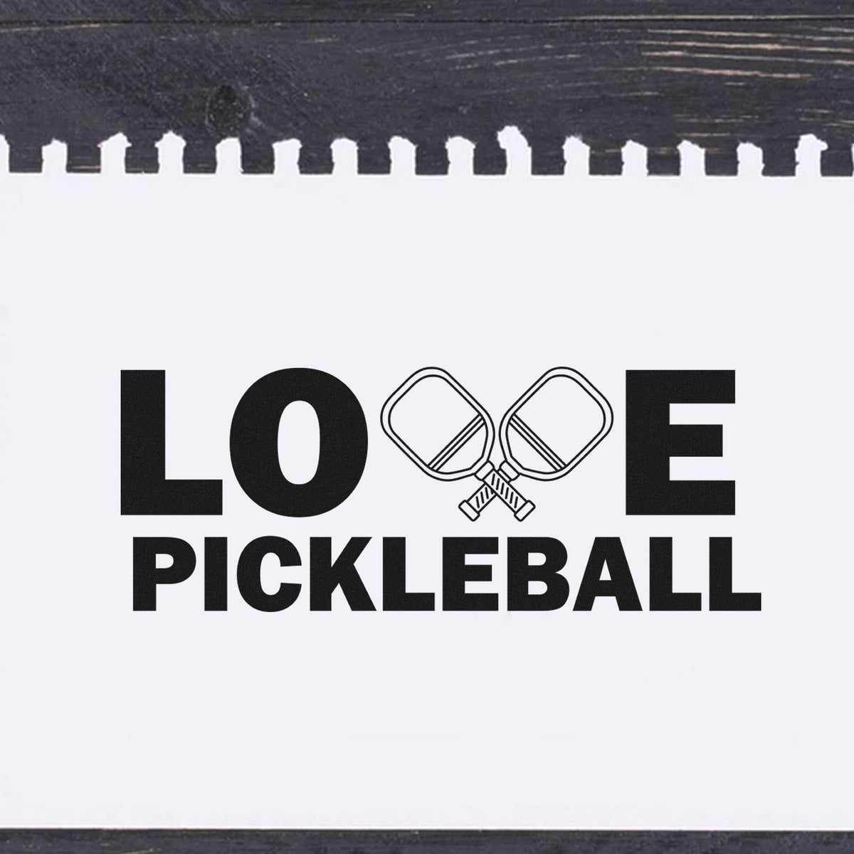 Love Pickleball rubber stamp design with crossed paddles, perfect for sports crafts, cards, and handmade gifts.