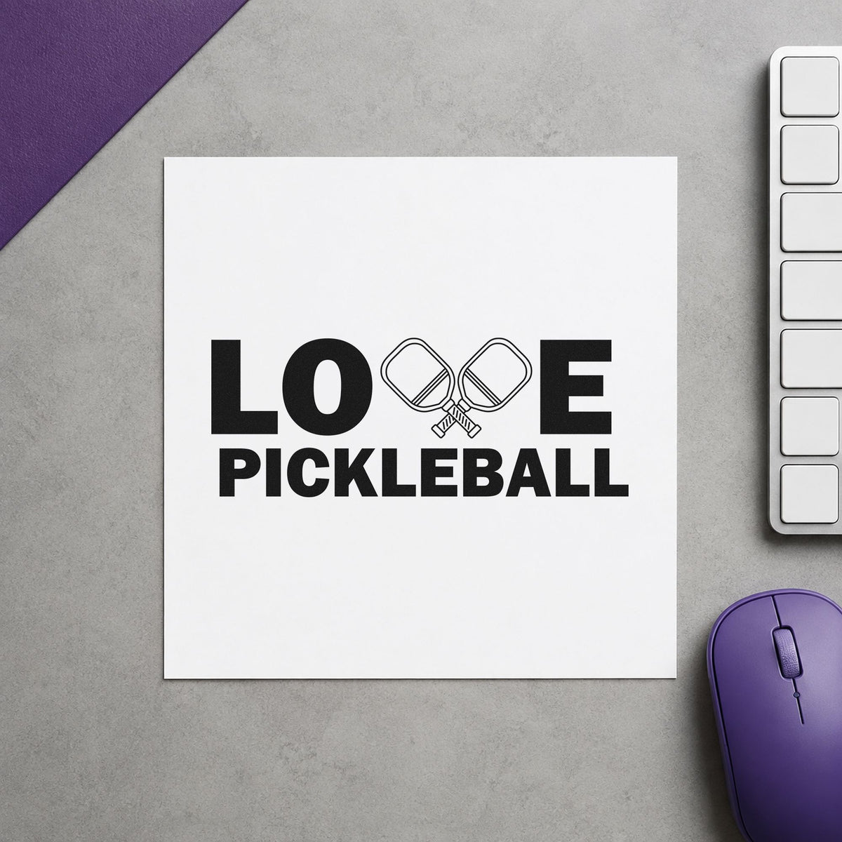 Love Pickleball Crossed Paddles rubber stamp printed in black ink, ready for paddle letter cards and similar paper crafts.