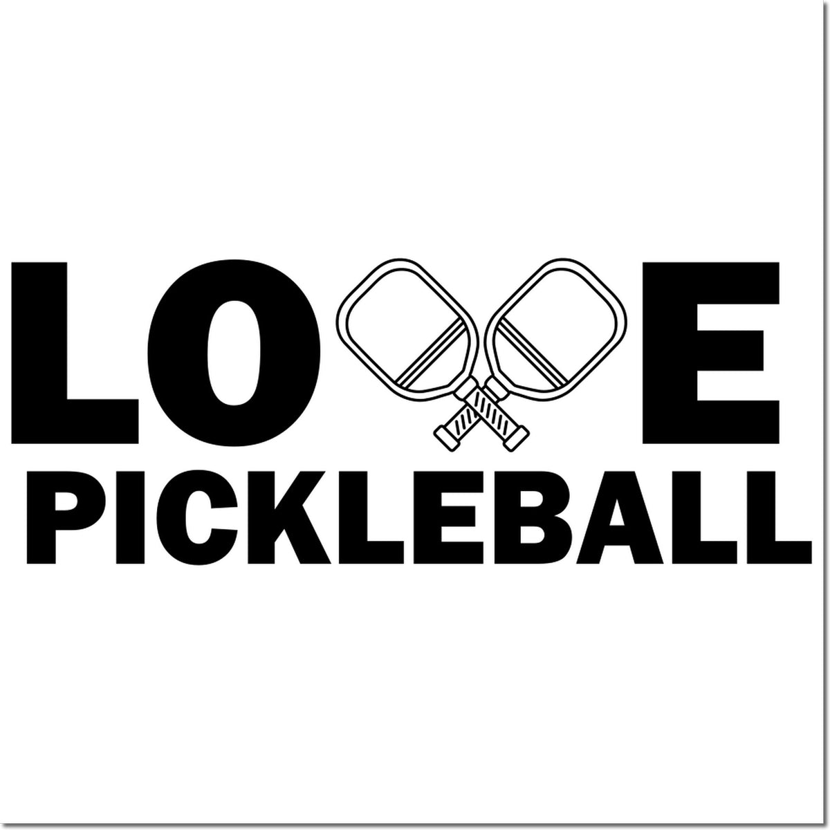 Love pickleball rubber stamp design with crossed paddles, ideal for sports crafts, team gear, and pickleball gifts.