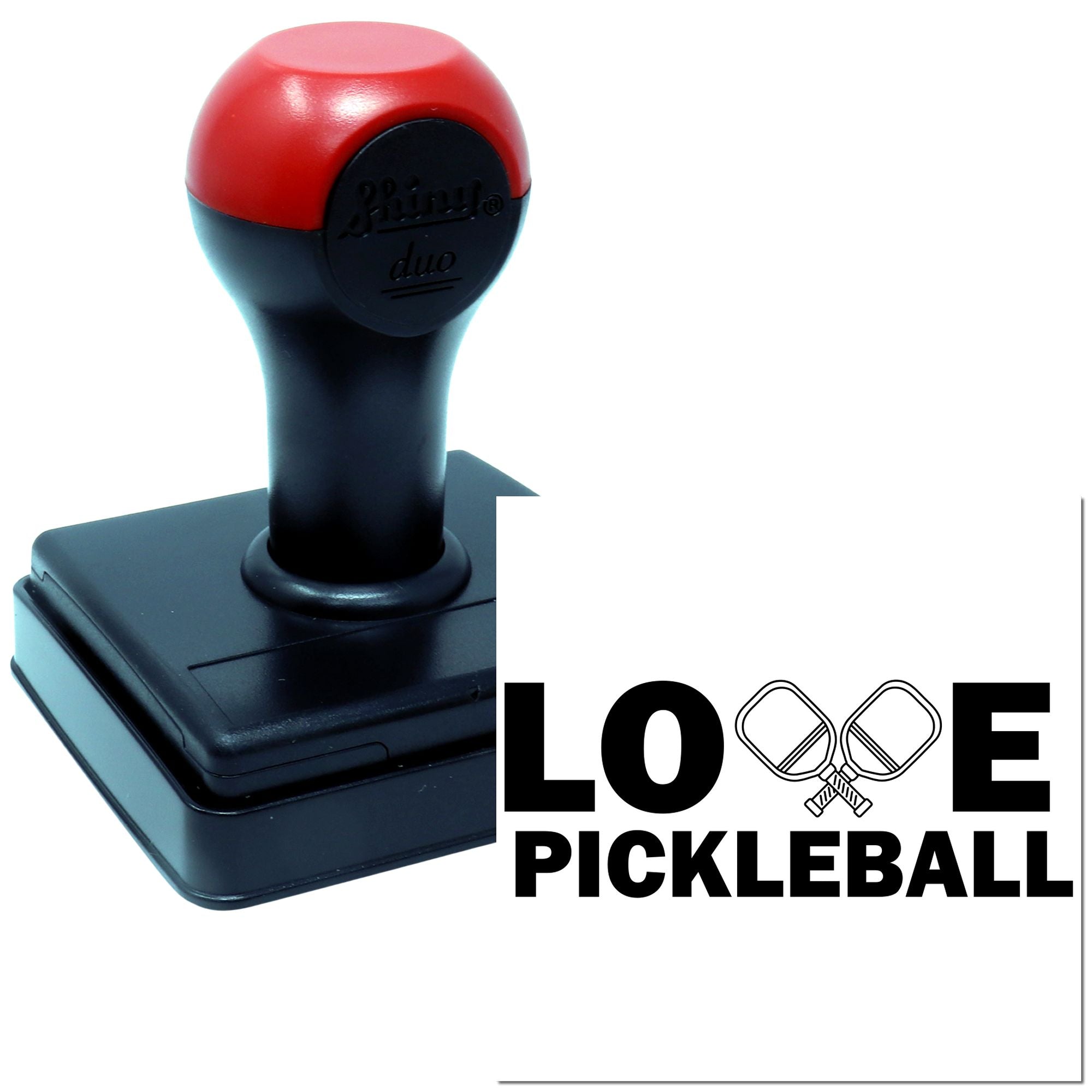 Custom self-inking rubber stamp with Love Pickleball logo and crossed paddles for sports branding