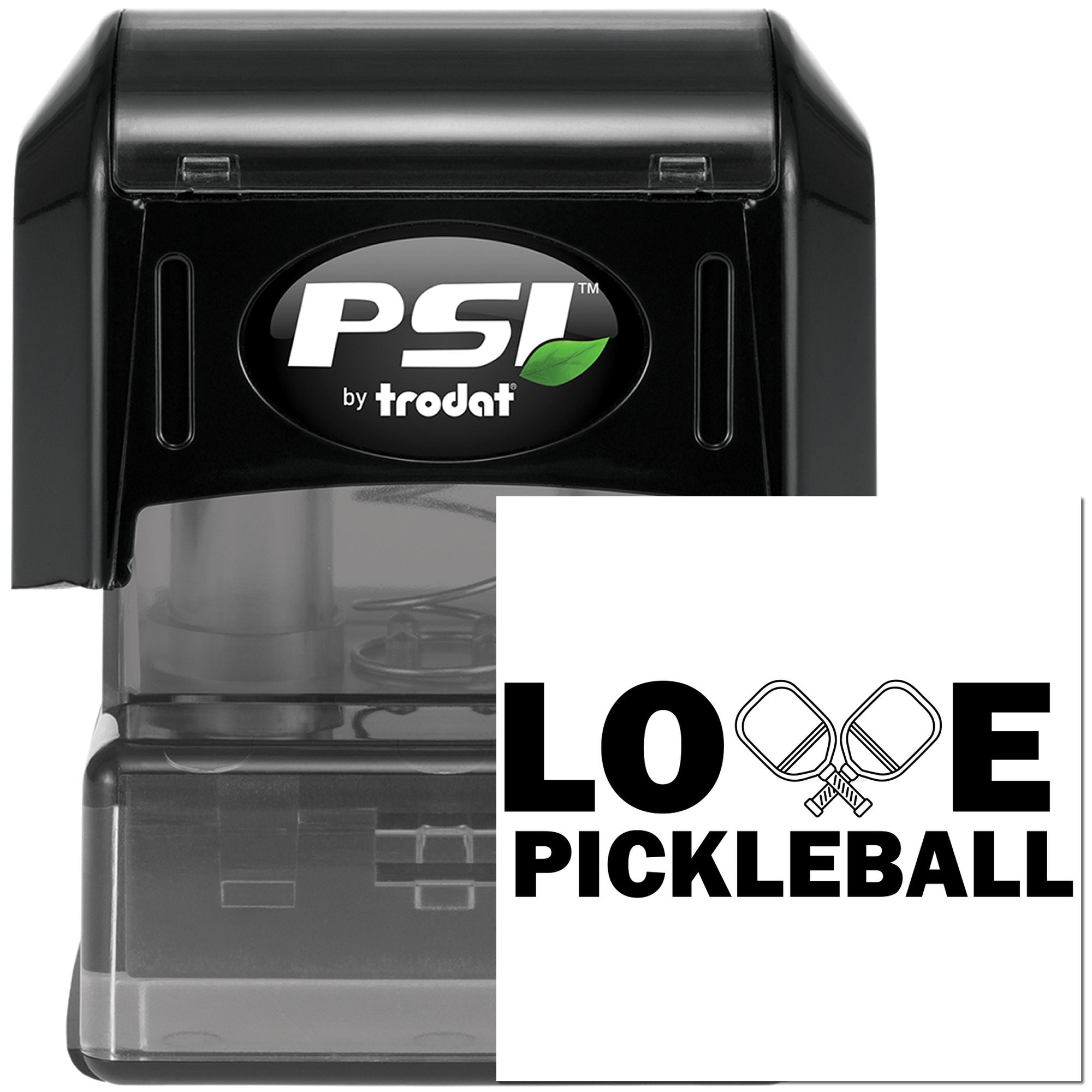 PSI by Trodat self-inking rubber stamp with Love Pickleball design, ideal for custom pickleball gifts and craft marking.