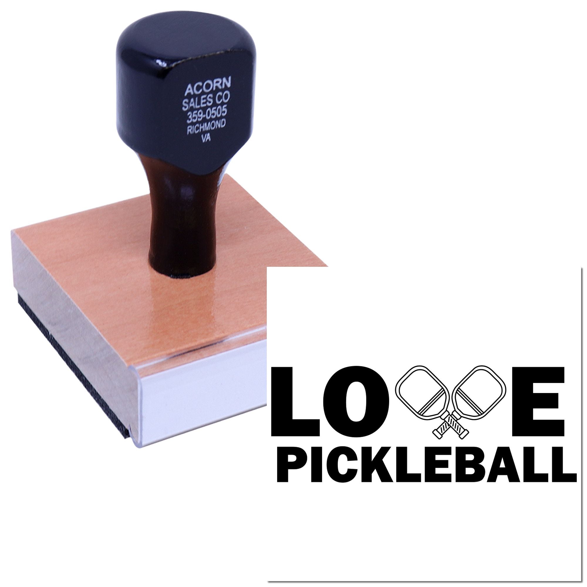 Custom Love Pickleball rubber stamp for business branding and promotions, with paddles logo imprint.