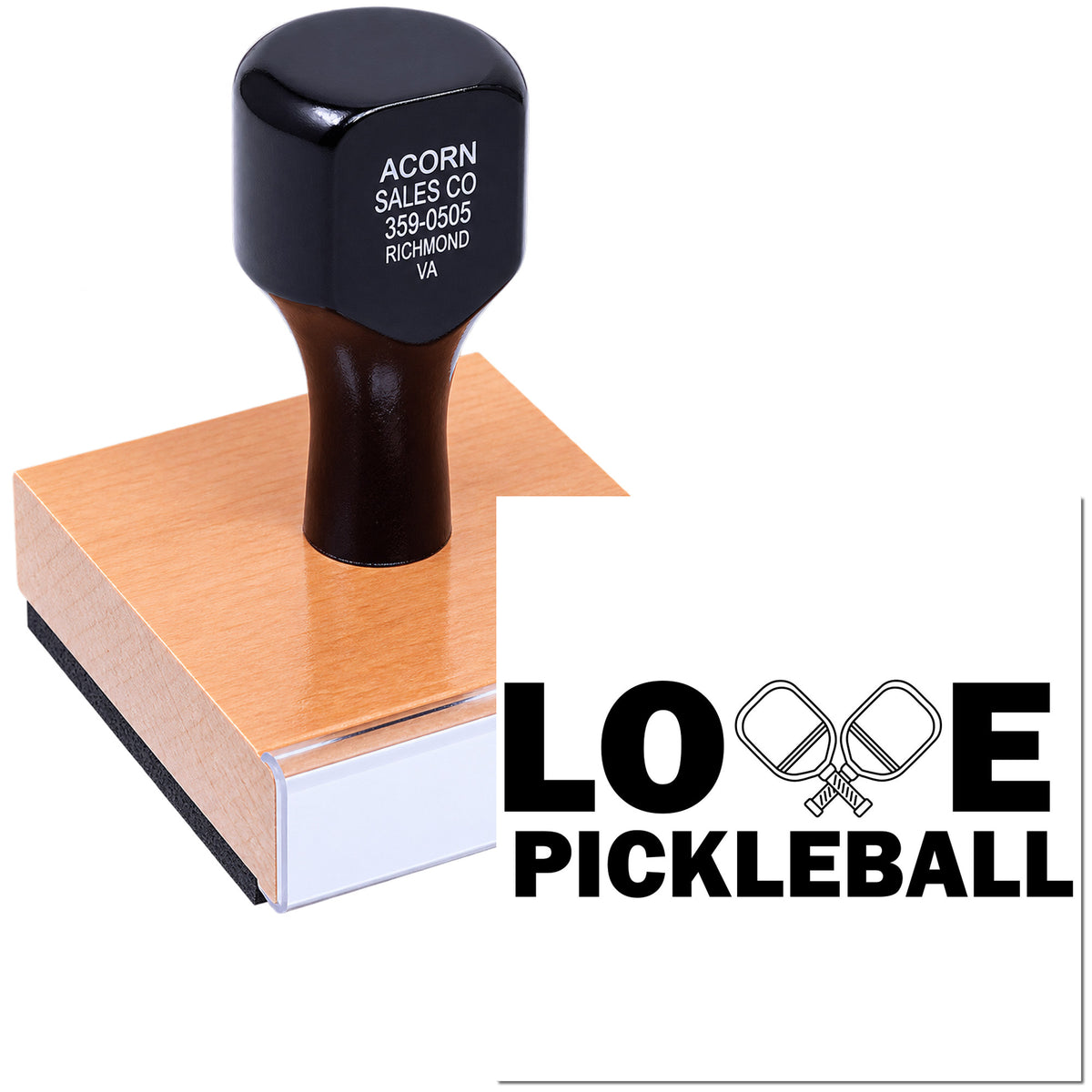 Custom Love Pickleball rubber stamp for business branding and promotions, with paddles logo imprint.
