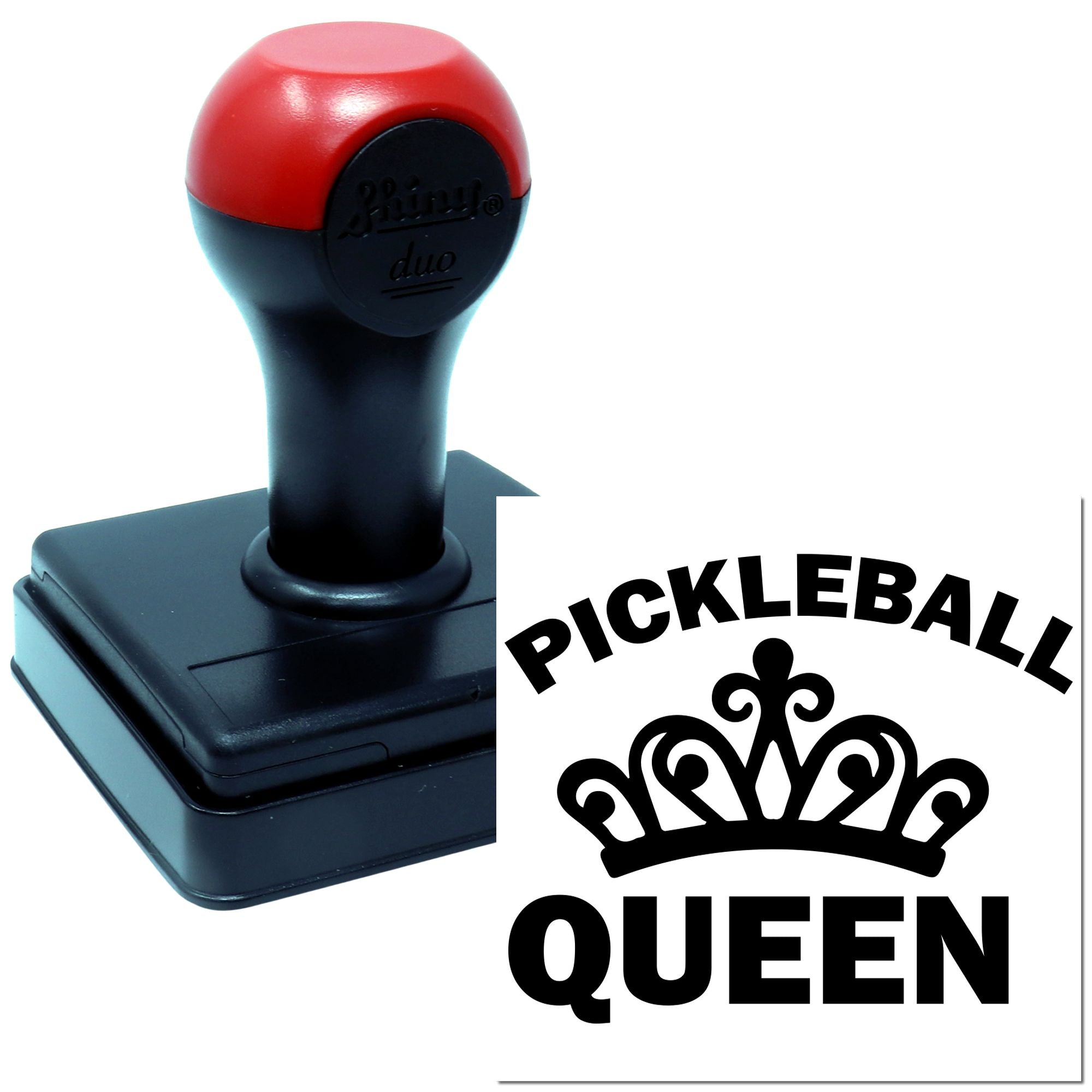 Custom Pickleball Queen rubber stamp with crown design on a self-inking stamper