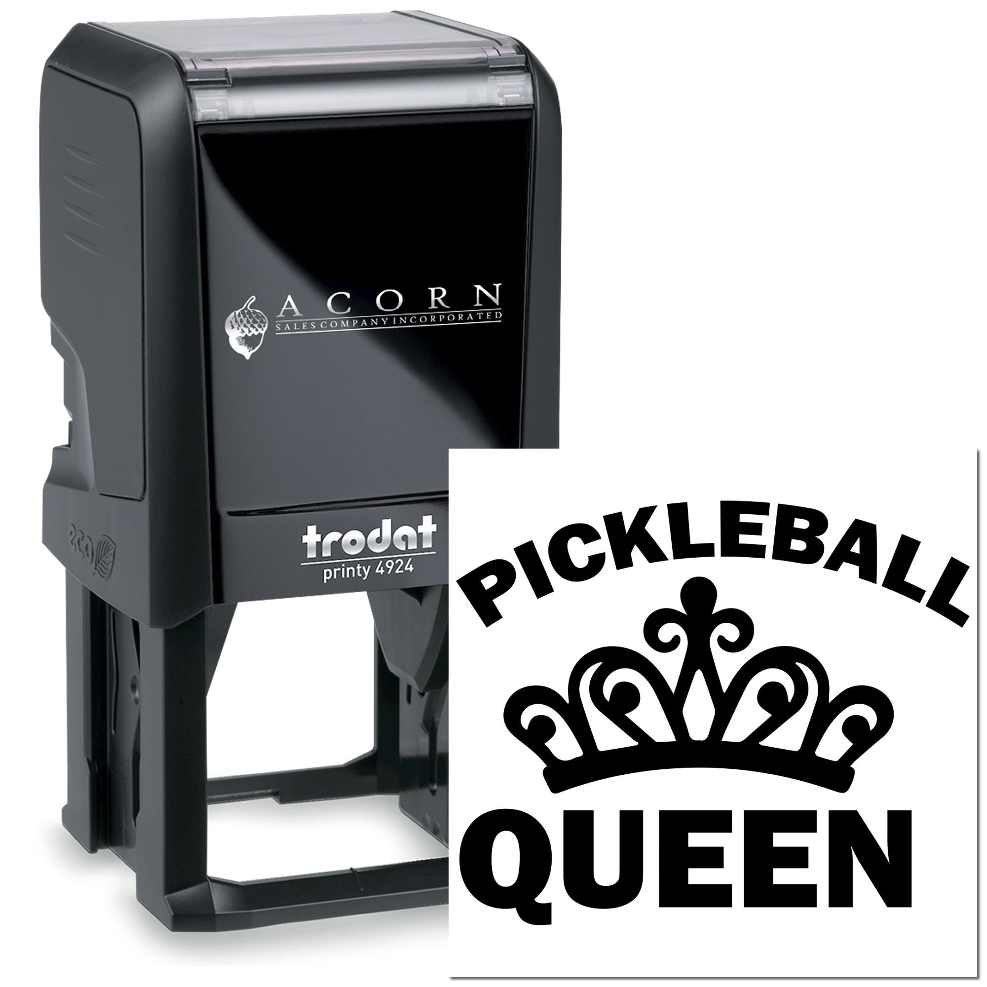 Custom Pickleball Queen self-inking rubber stamp, Trodat Printy 4924, for personalized sports branding and custom impressions.