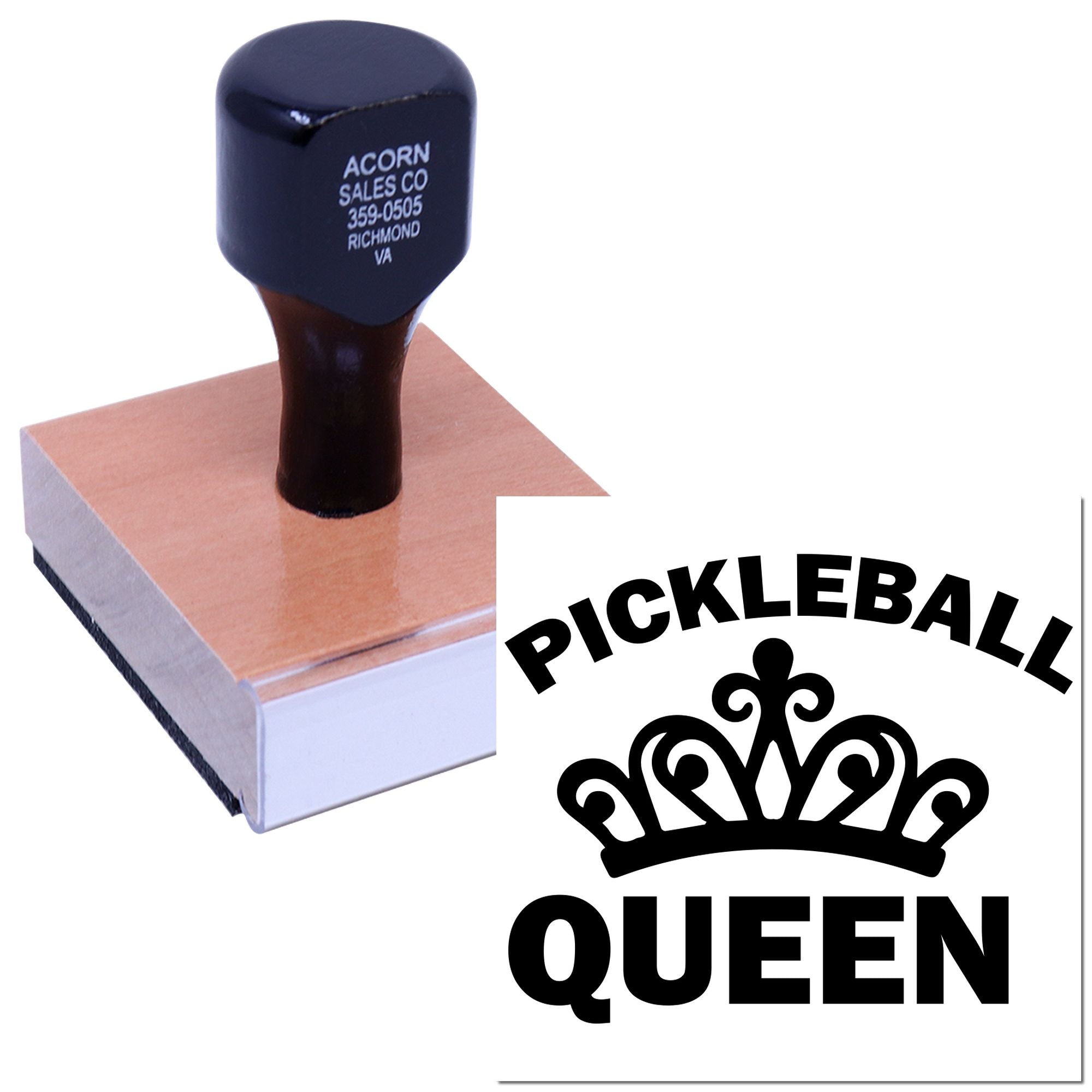 Custom rubber stamp showing Pickleball Queen crown logo and sample business imprint for branding, packaging, and crafts.