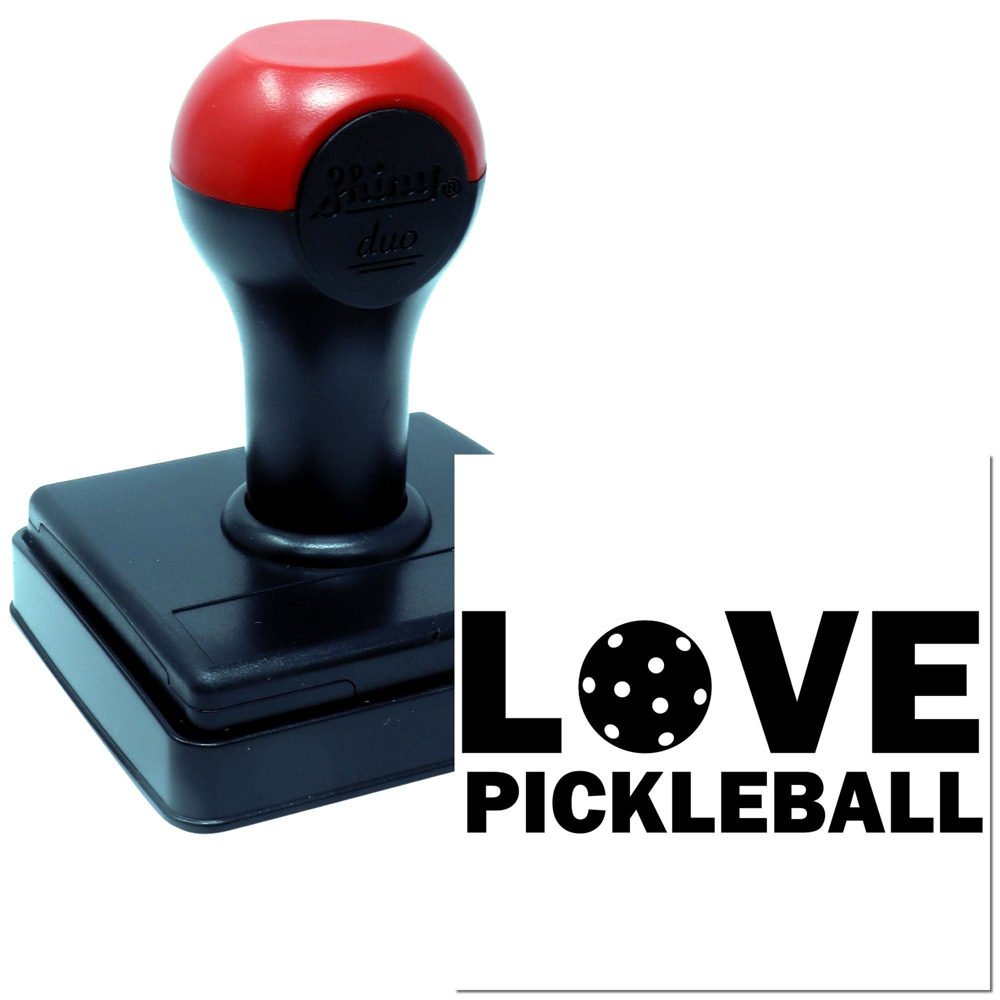 Custom Love Pickleball rubber stamp with bold text design for crafting, card making, and sports-themed projects.