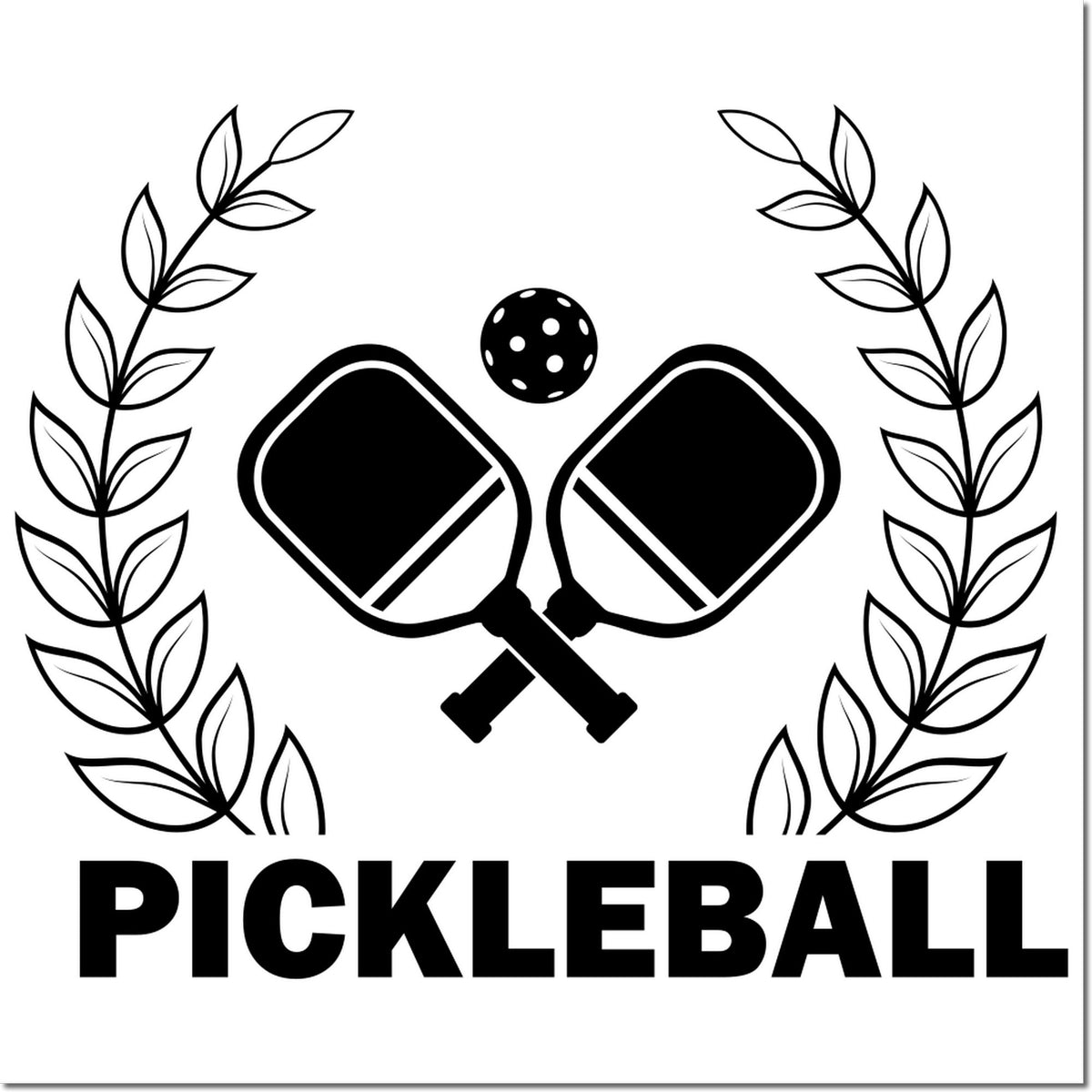 Pickleball rubber stamp design with crossed paddles, ball, and laurel wreath for custom sports crafting.
