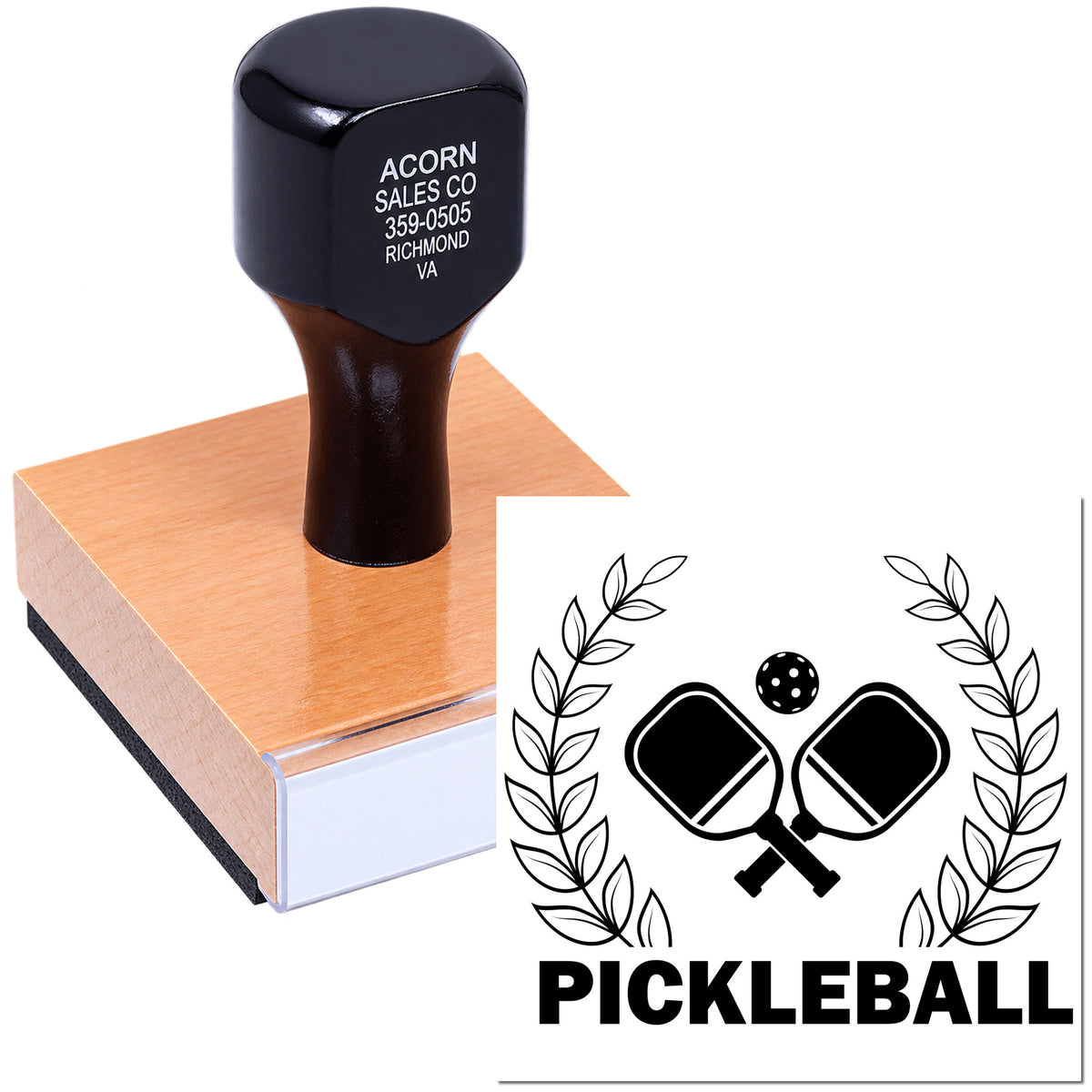 Custom pickleball rubber stamp with crossed paddles and laurel wreath for sports branding, team logos, and promotional marking.