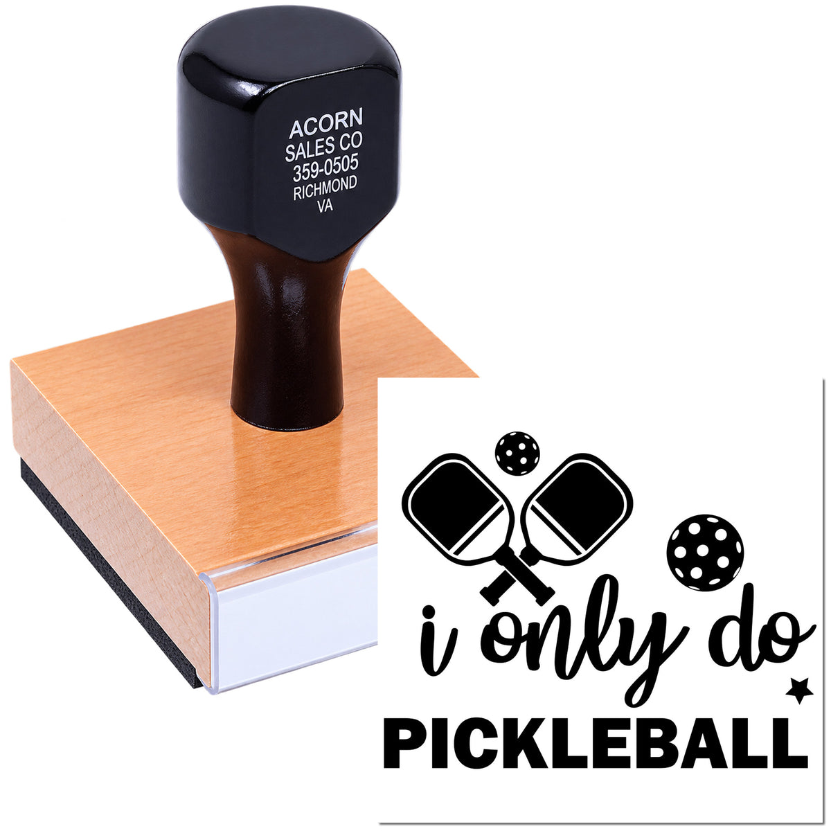 Custom pickleball rubber stamp featuring I only do PICKLEBALL text with paddles and balls for sports crafts.