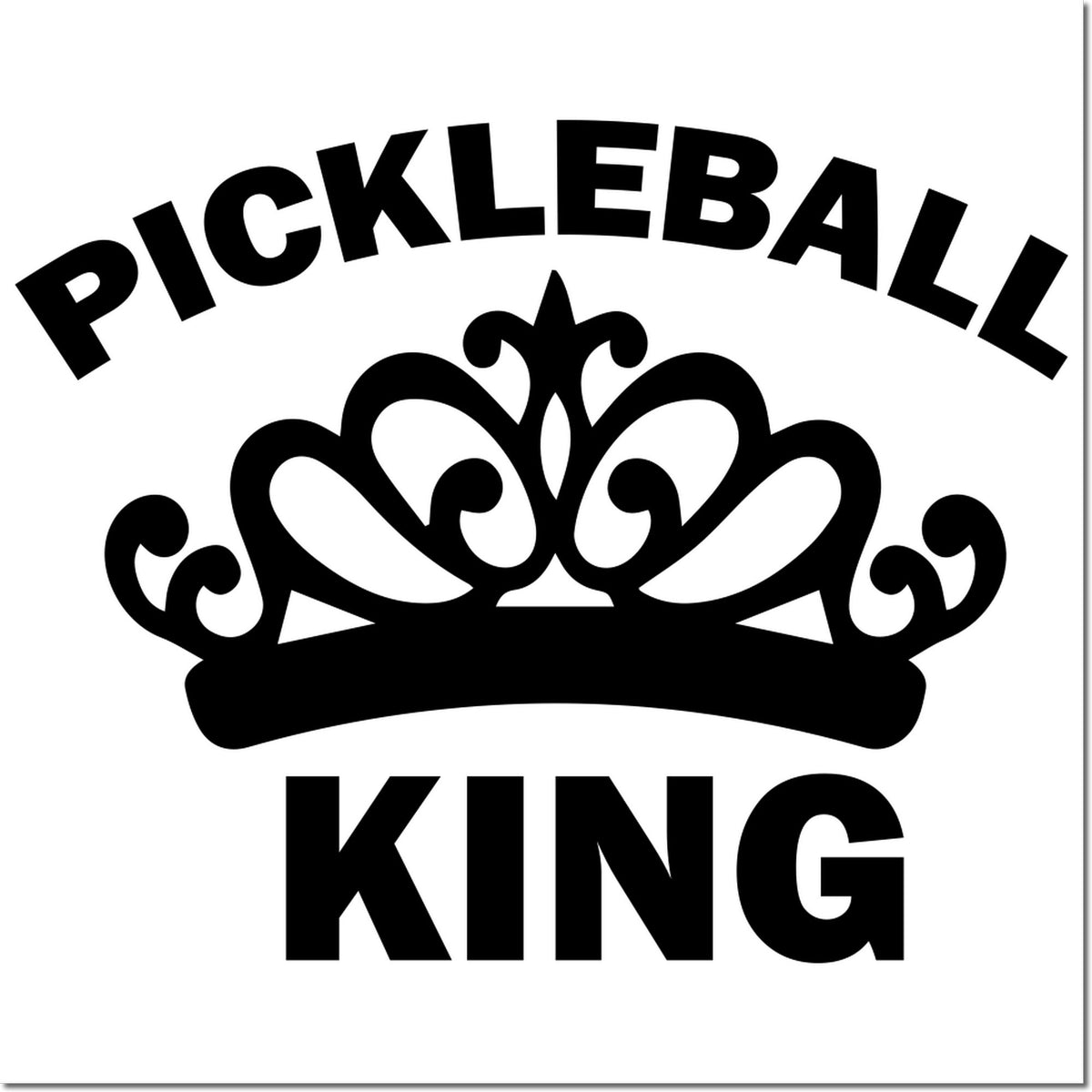 Pickleball King rubber stamp design with crown icon, bold black text for custom sports gifts, awards, or club branding.