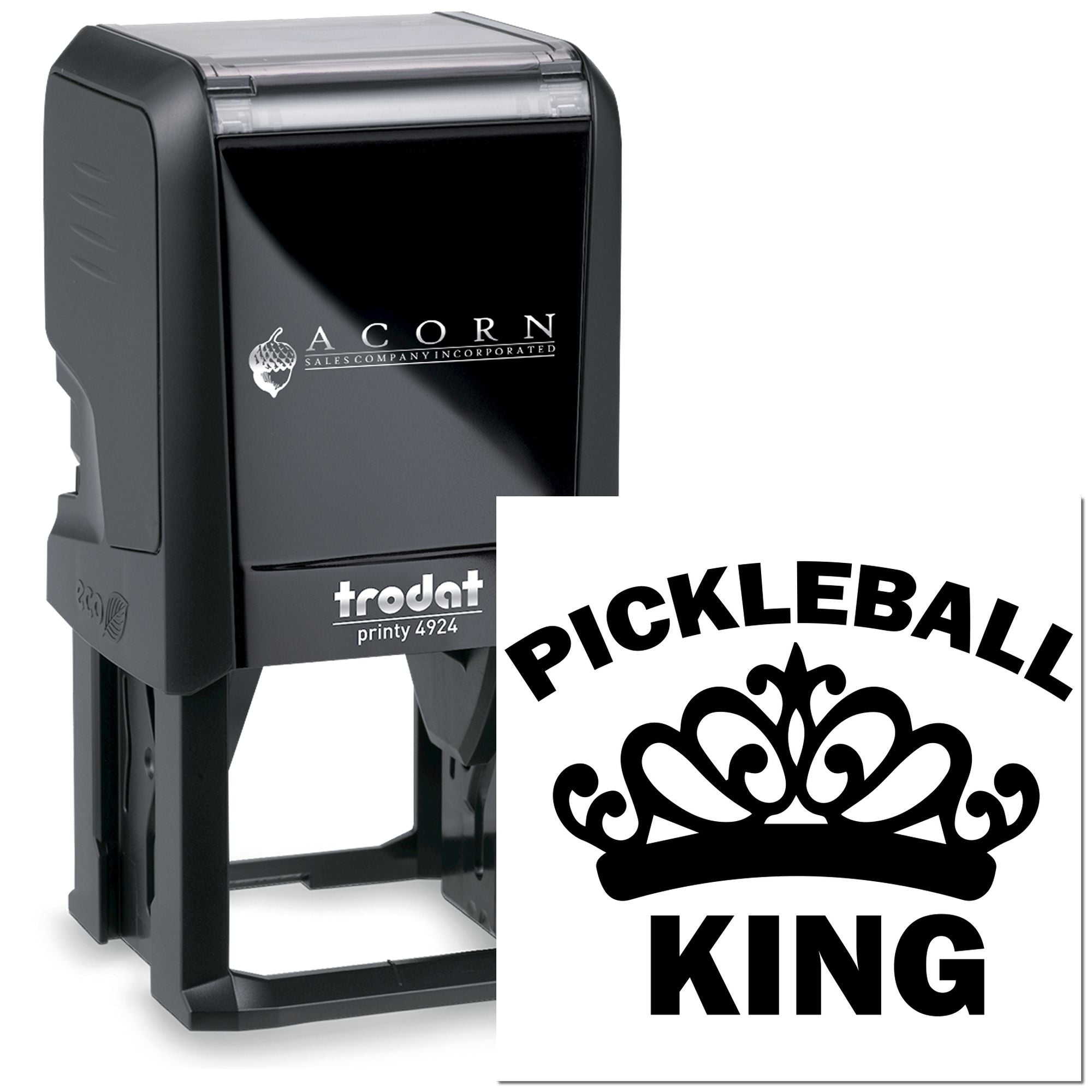Custom self-inking rubber stamp with Pickleball King crown logo for personalized branding