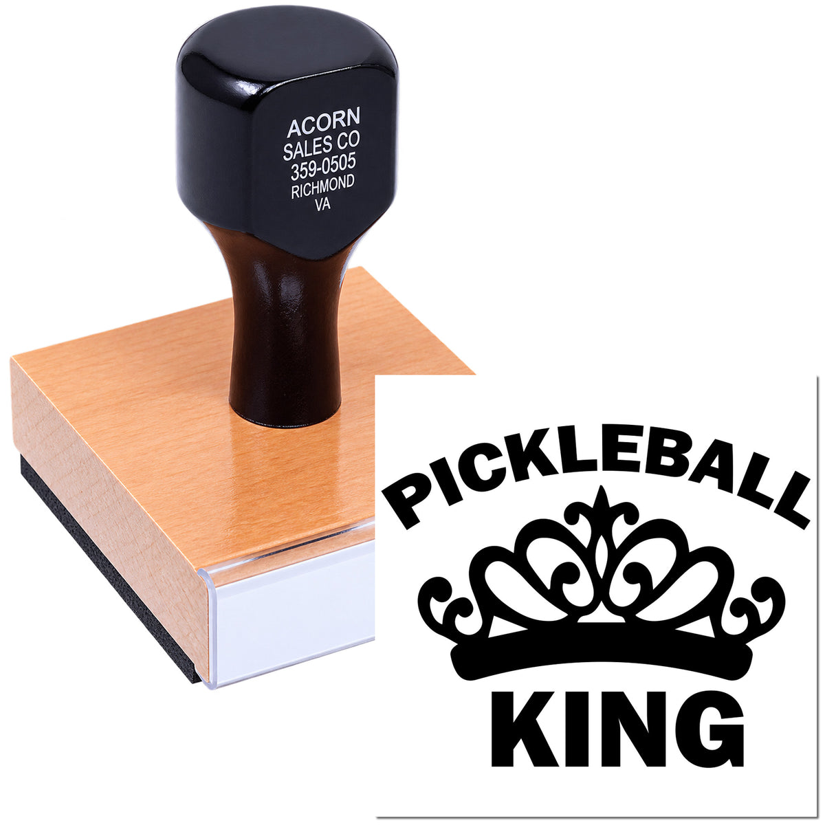 Custom Pickleball King rubber stamp with crown logo, ideal for pickleball clubs, sports branding, and personalized gifts.