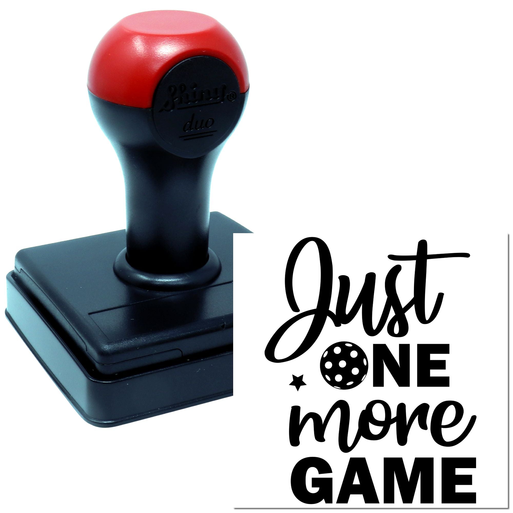 Gaming-themed self-inking rubber stamp with Just One More Game for planners, scrapbook pages, and custom craft projects.