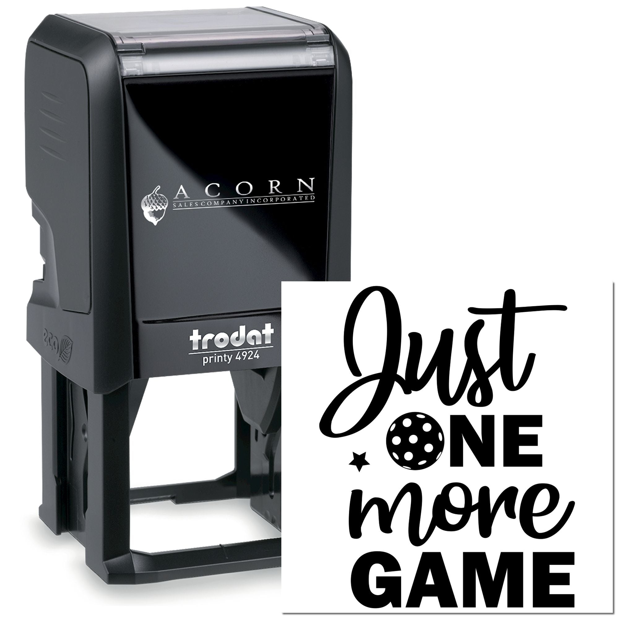 Custom self-inking rubber stamp featuring Just One More Game for gamers, game night crafts, and personalized stamping.