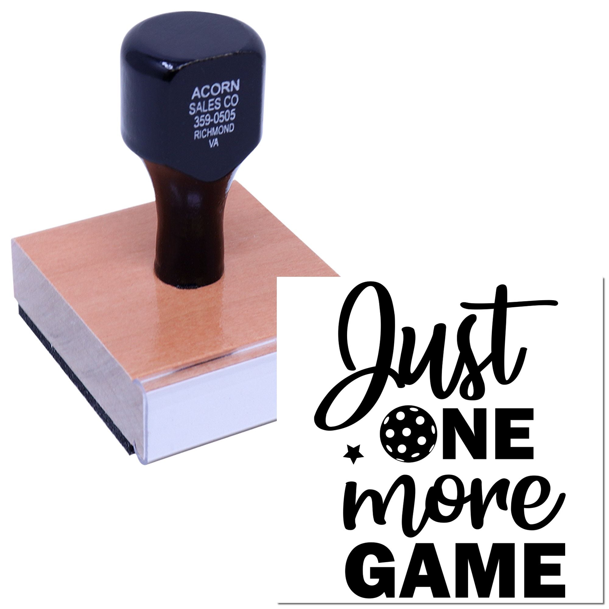 Gamer-themed custom rubber stamp reading Just One More Game on a wooden block, perfect for craft projects and gaming gifts.