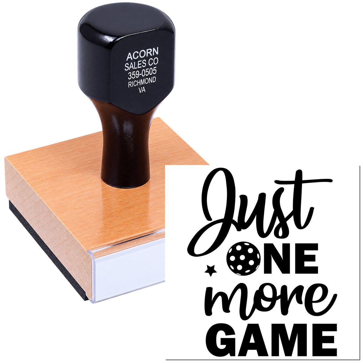 Gamer-themed custom rubber stamp reading Just One More Game on a wooden block, perfect for craft projects and gaming gifts.