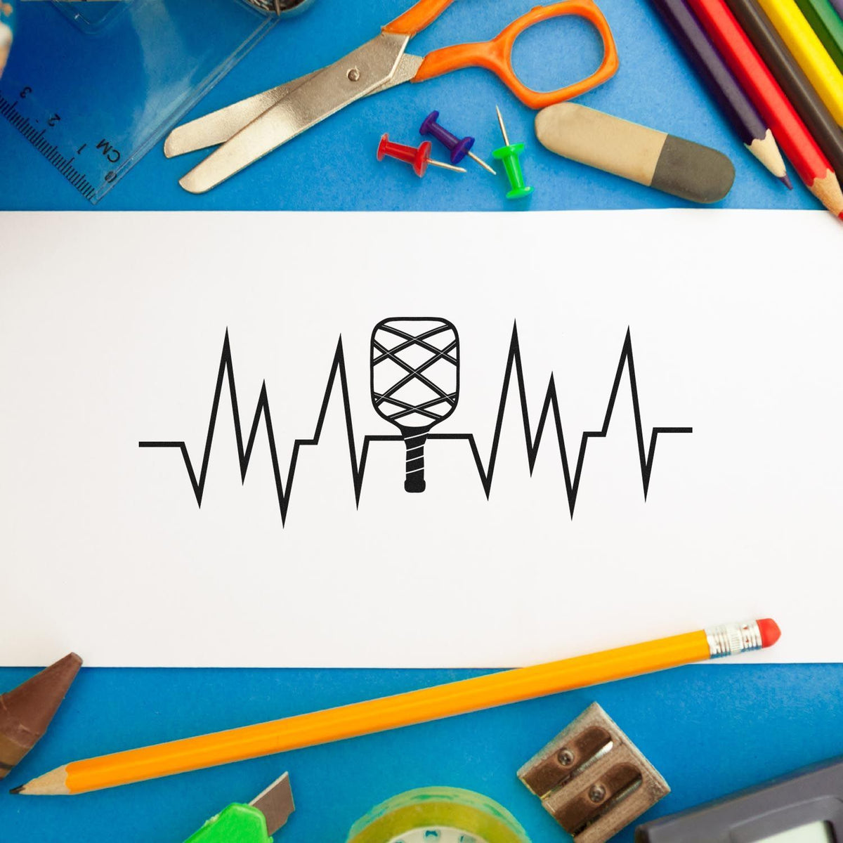 Crosshatched Paddle Heartbeat Line Slim Pre-Inked Stamp imprint stamped in black ink. A heartbeat zigzag runs through a small crosshatched paddle.