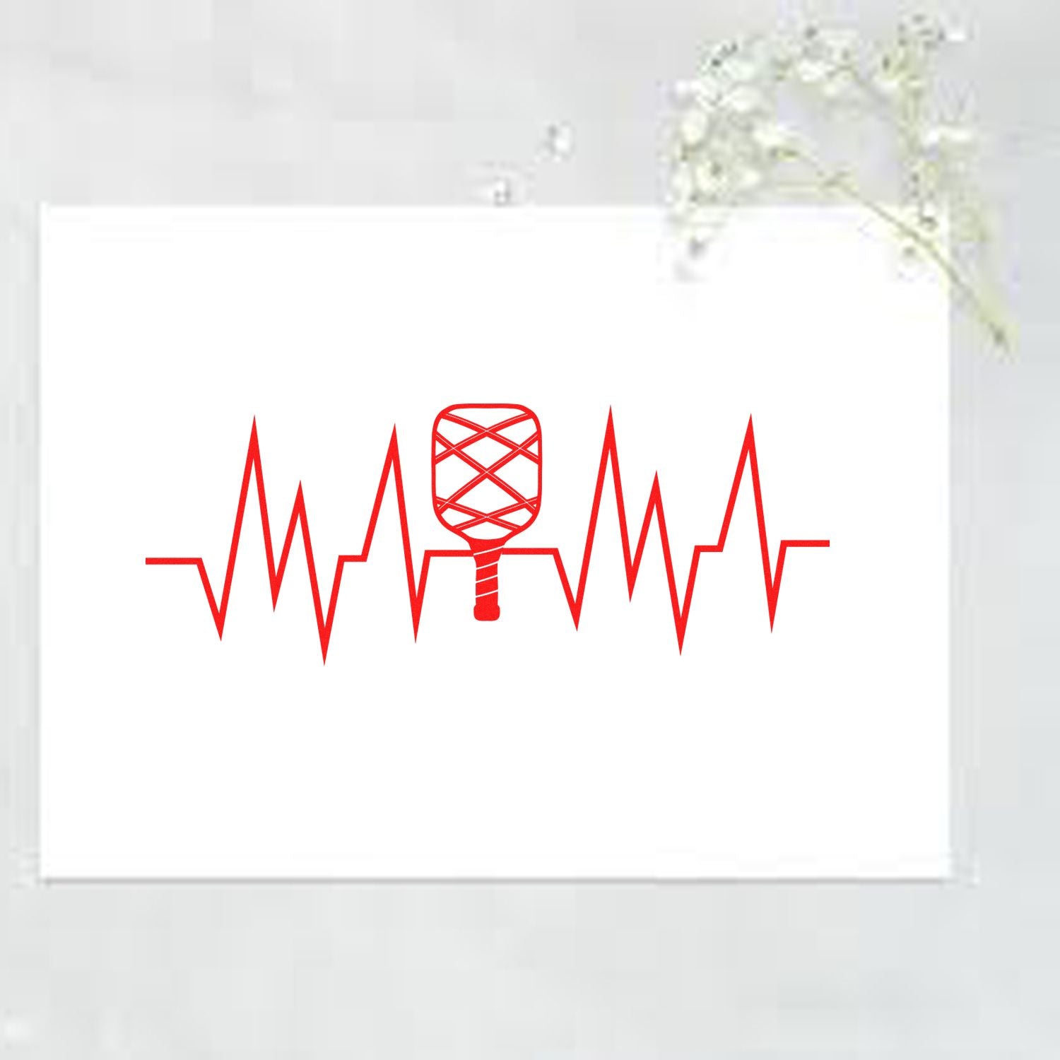 Red pickleball heartbeat rubber stamp design with ECG line and paddle icon for sports-themed crafts, gifts, and custom stamping.