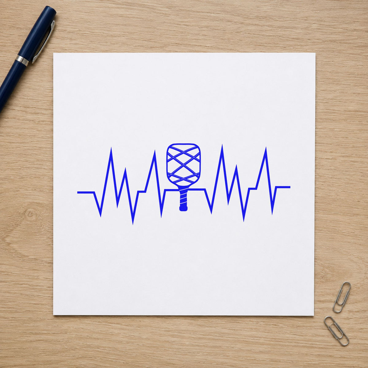 Crosshatched Paddle Heartbeat Line craft stamp imprinted in blue ink on paper, a design suited to framed court shelter.