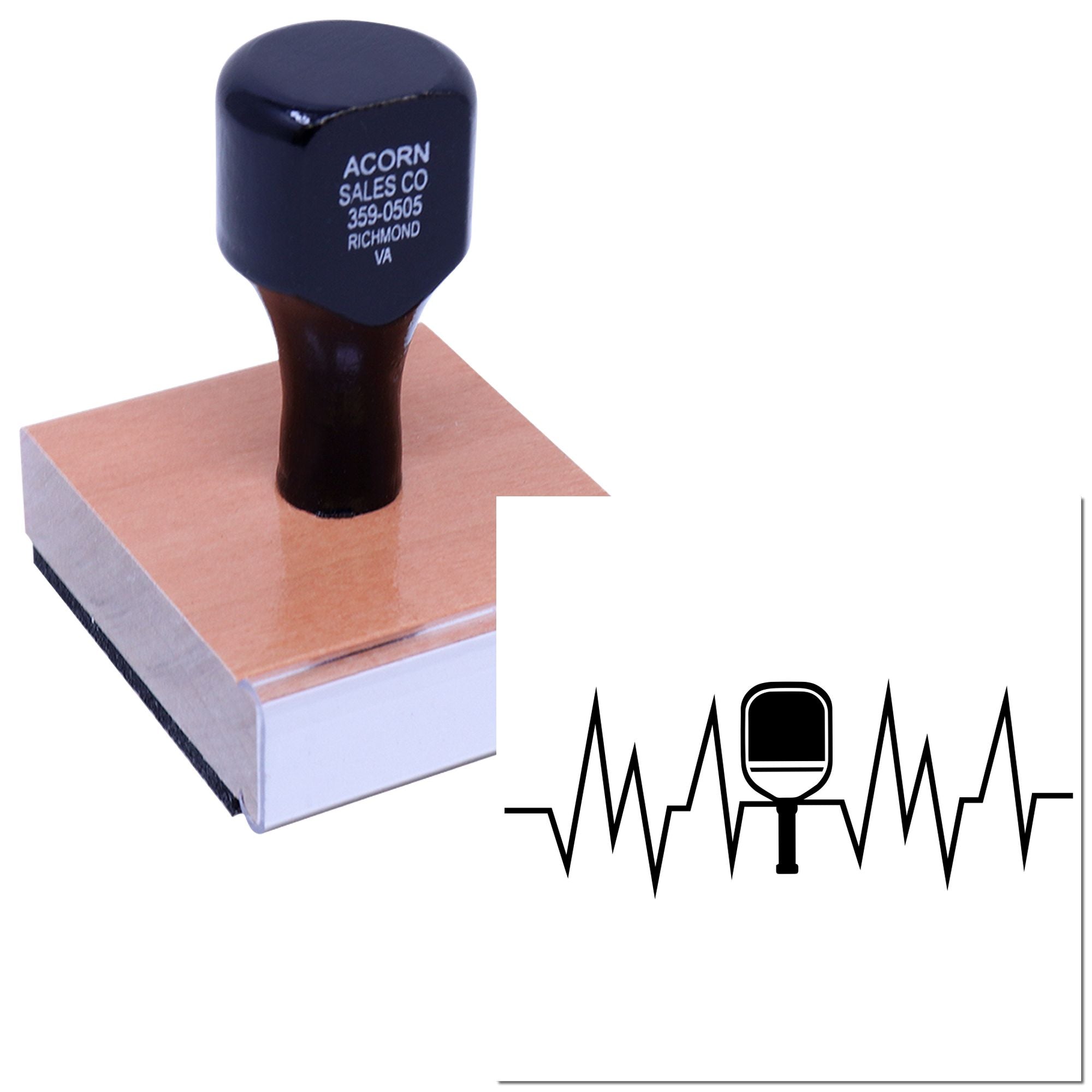 Custom wood-mounted rubber stamp with company name, address, and logo for business branding and mailing.
