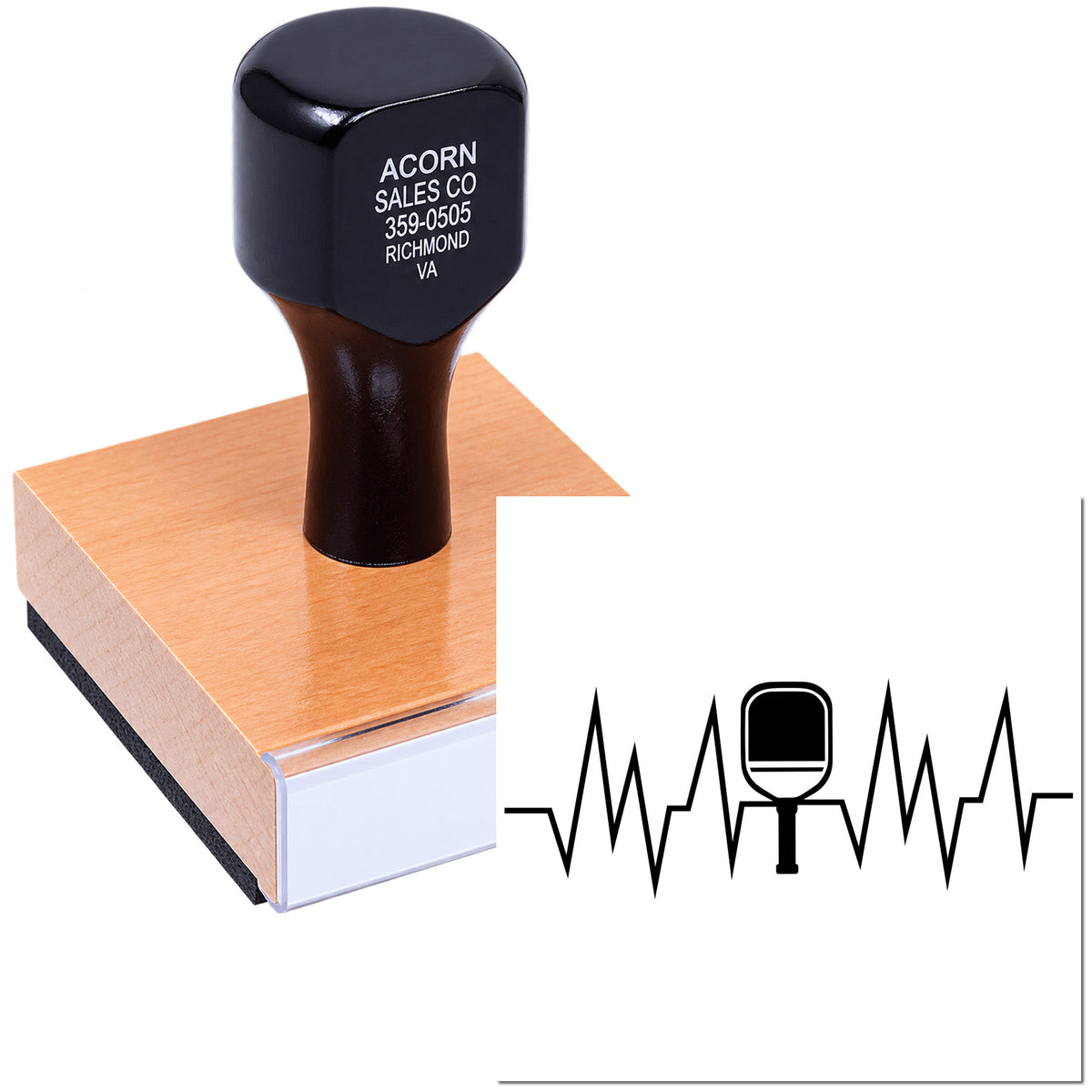 Custom wood-mounted rubber stamp with company name, address, and logo for business branding and mailing.