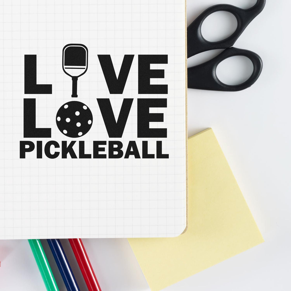 Love Love Pickleball rubber stamp design with paddle and ball icons for custom crafts, scrapbooking, and sports gifts.