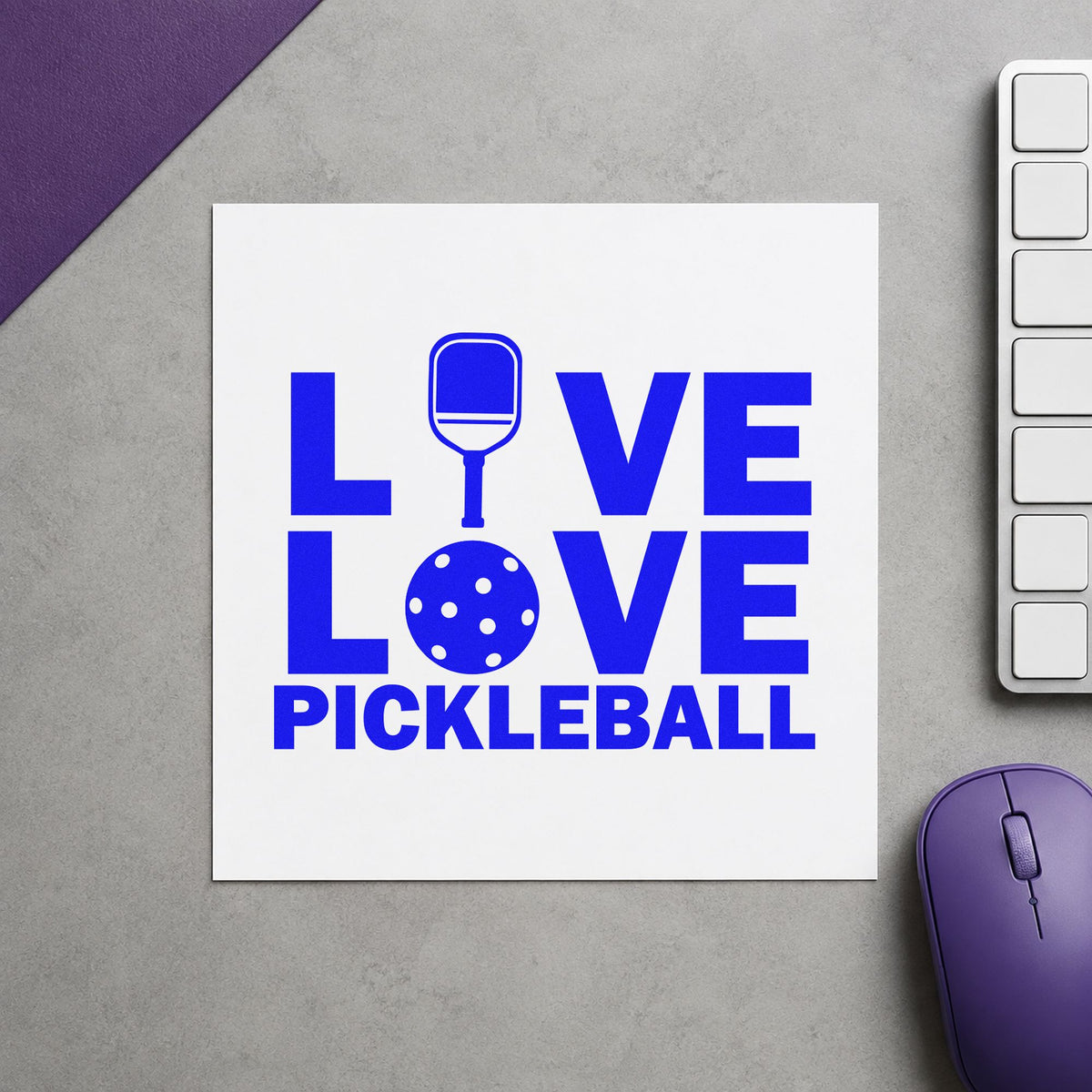 Live Love Pickleball Icons craft stamp in blue ink on cardstock, an easy option for shade panel printing.