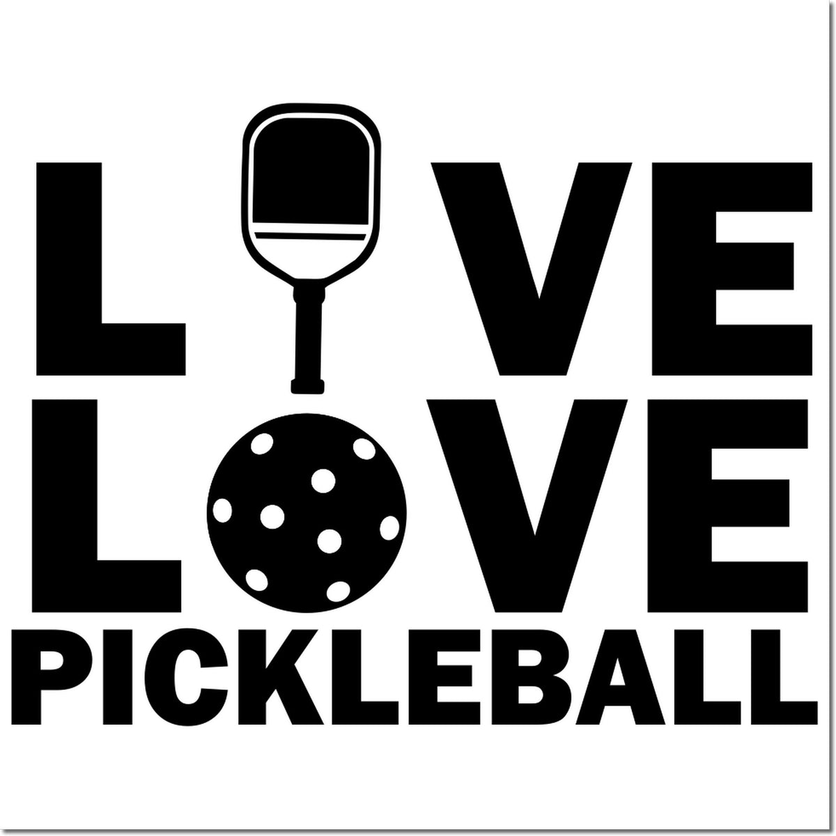 Love pickleball rubber stamp design with paddle and pickleball graphic, bold black typography for sports crafts and gifts.