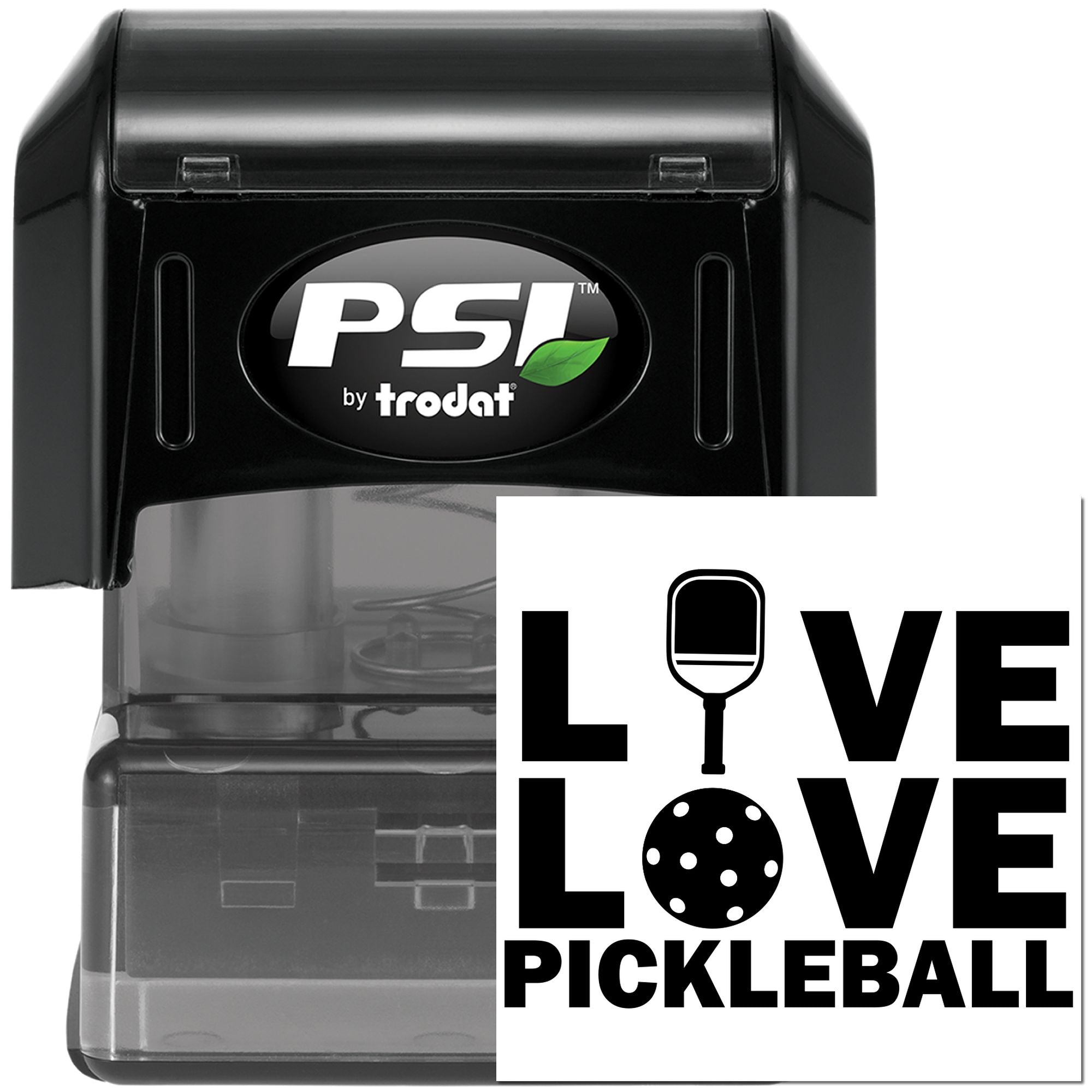 PSI by Trodat self-inking rubber stamp with Love Pickleball design for custom sports-themed marking.