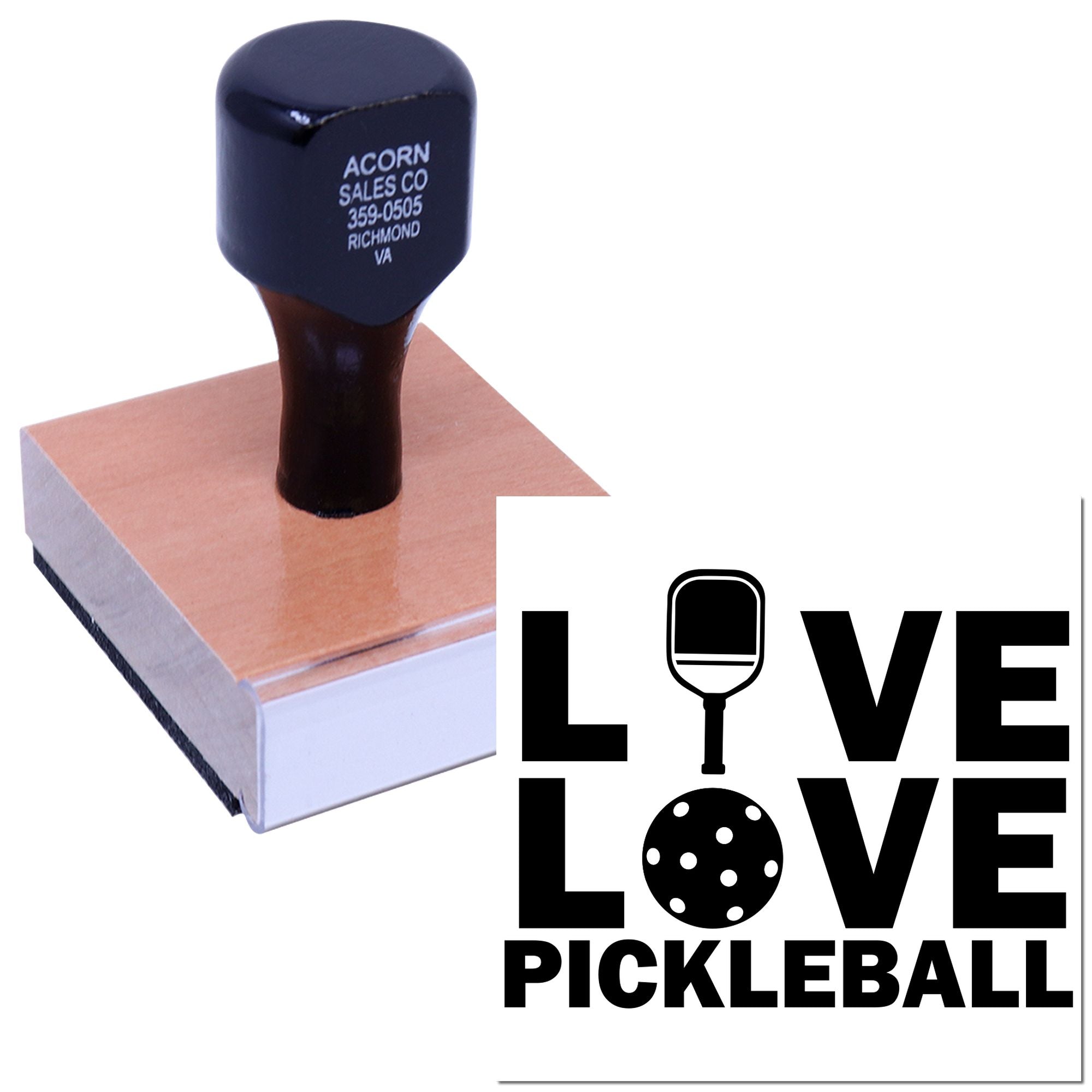 Custom rubber stamp with LOVE Pickleball design for sports-themed branding, crafts, and DIY projects.