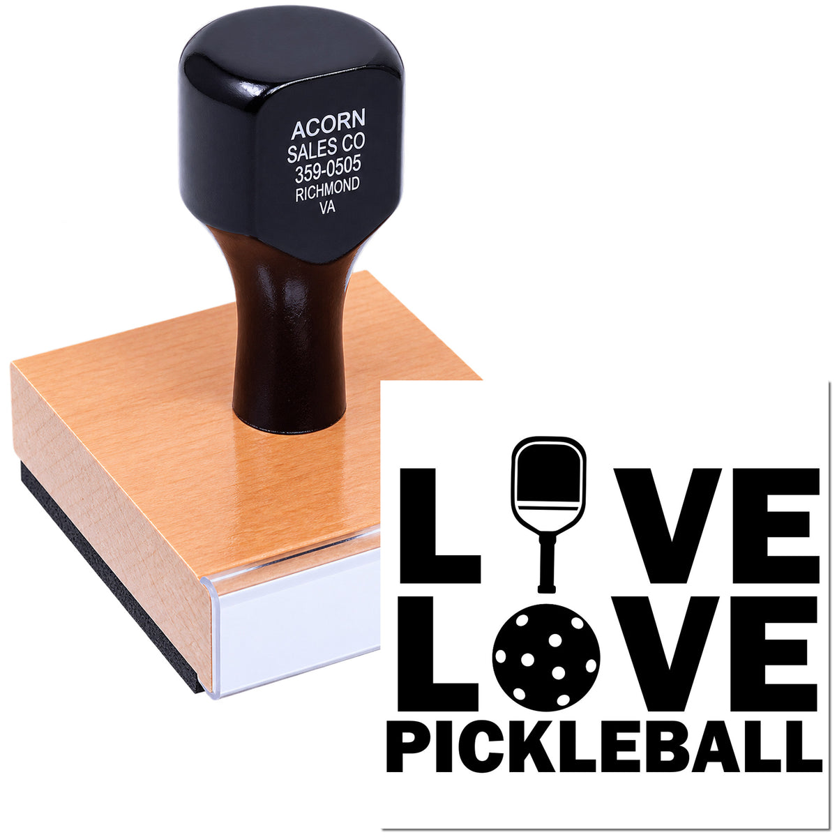 Custom rubber stamp with LOVE Pickleball design for sports-themed branding, crafts, and DIY projects.
