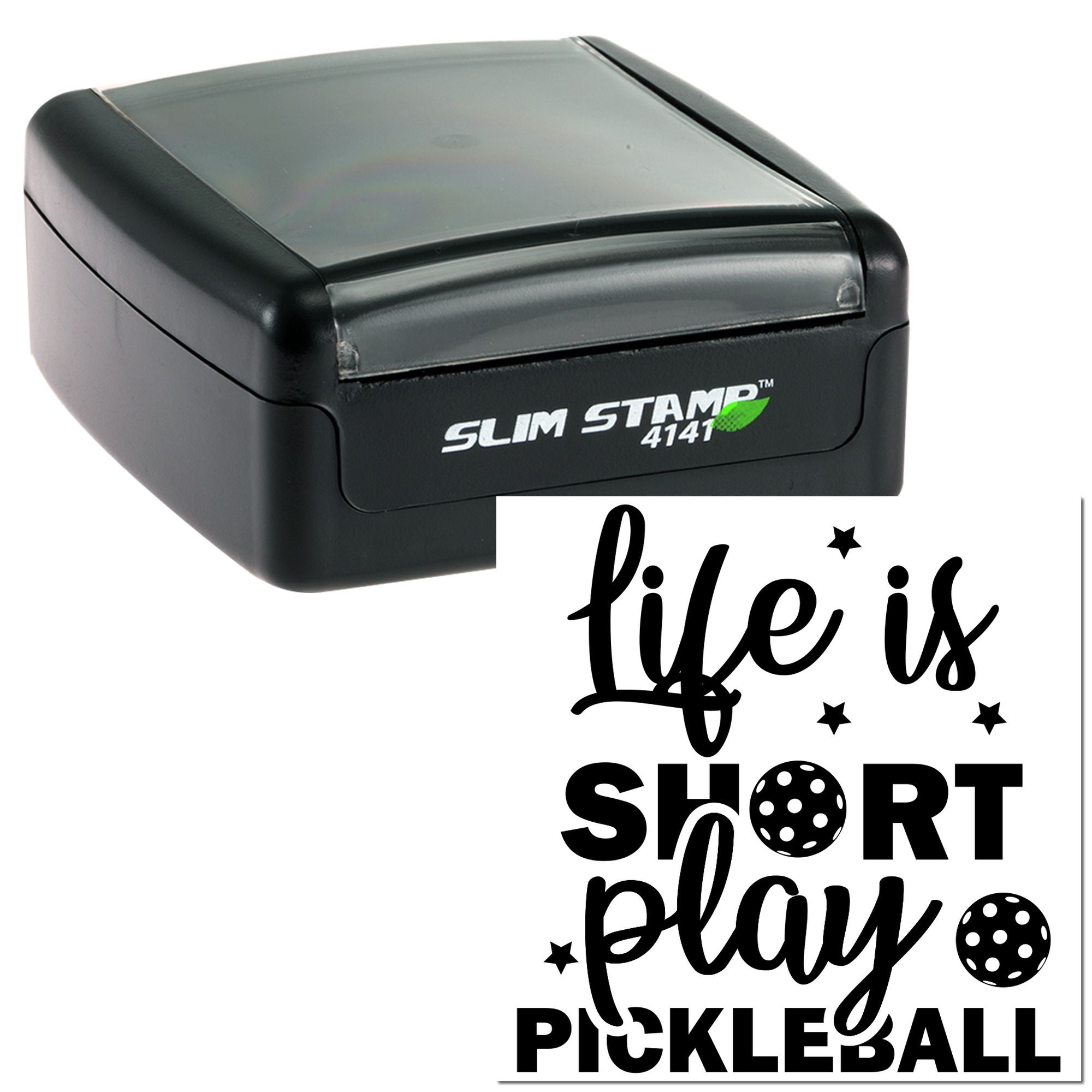 Custom self-inking rubber stamp featuring Life is short, play pickleball for pickleball gifts, crafts, and branding.