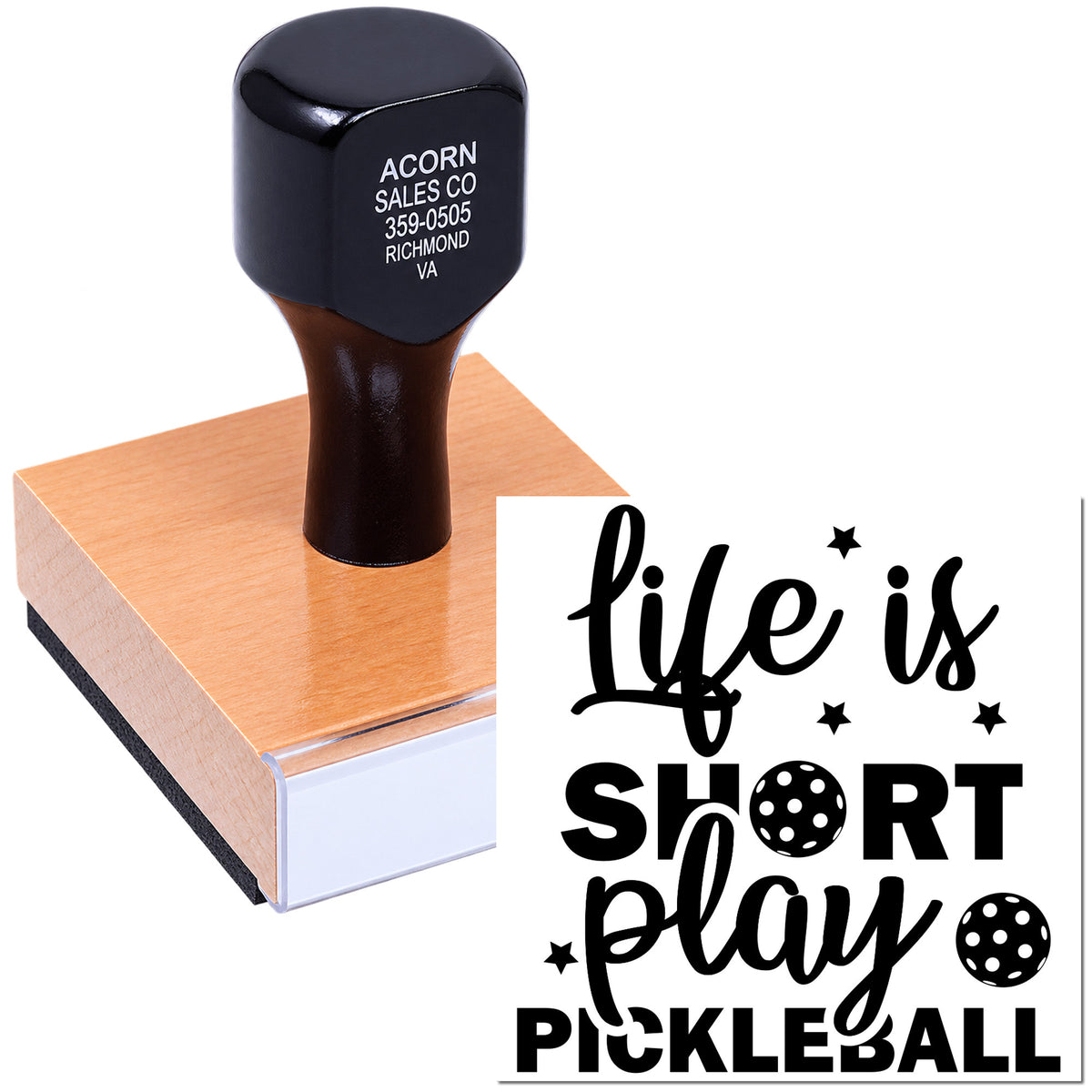 Custom rubber stamp with Life is short play pickleball design for sports crafts, cards, and packaging.