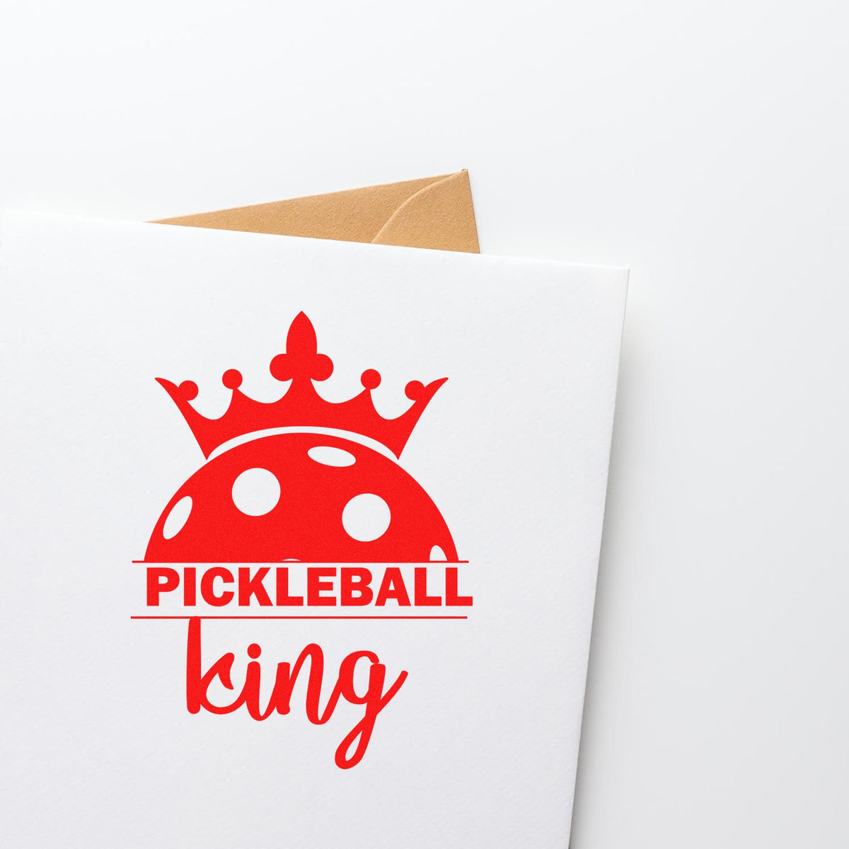 Pickleball King rubber stamp design with crowned pickleball logo for custom sports greeting cards and stationery.