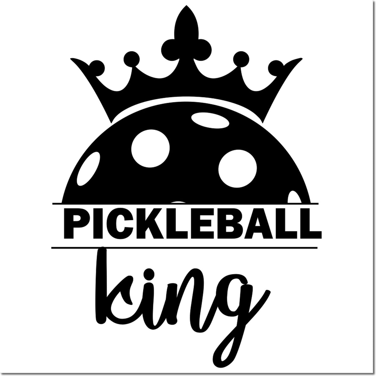 Pickleball King custom rubber stamp design with crown and pickleball logo for sports crafts and gifts.