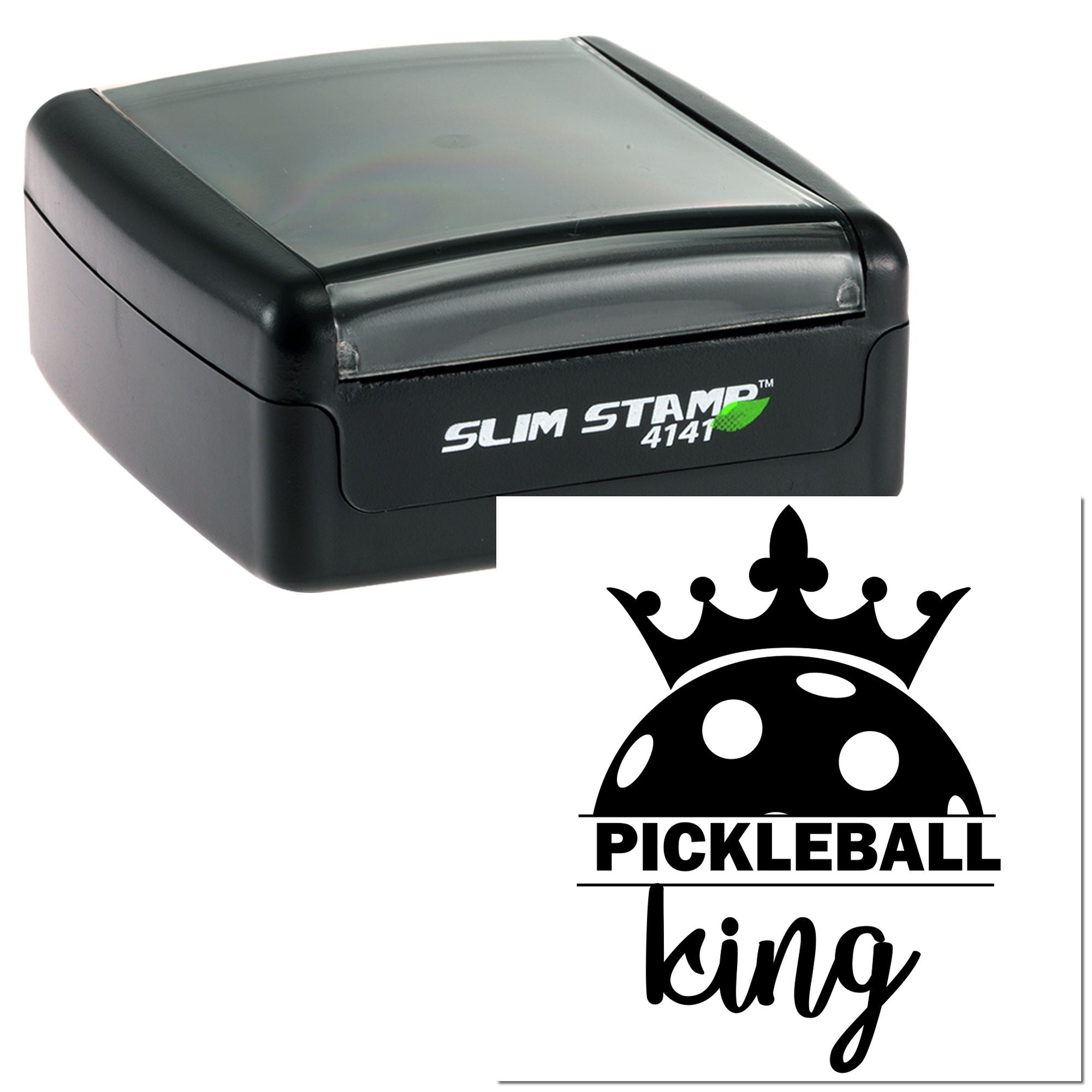 Custom self-inking rubber stamp featuring a Pickleball King crown logo and text design.