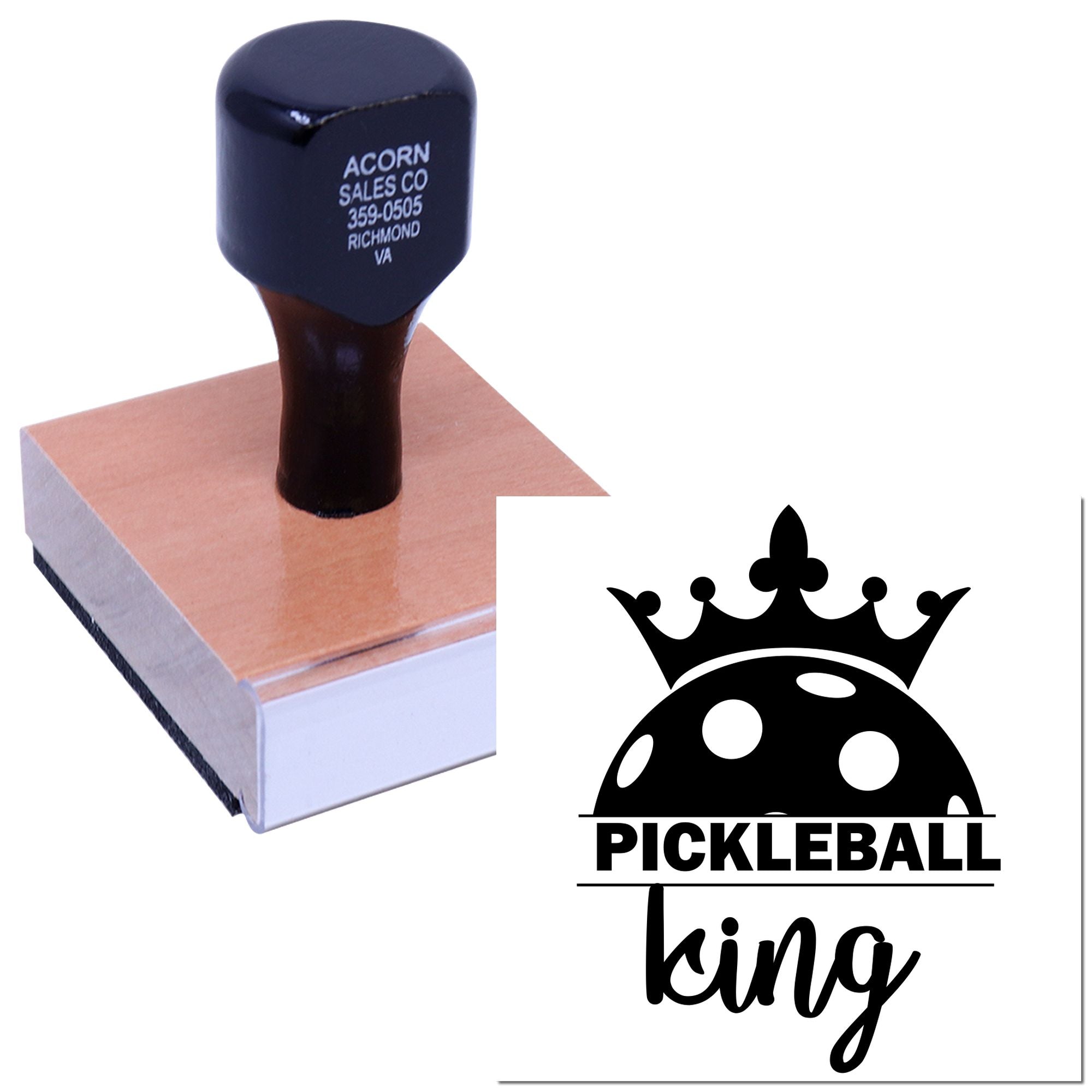 Custom Pickleball King rubber stamp with crown design for personalized sports gifts and team branding