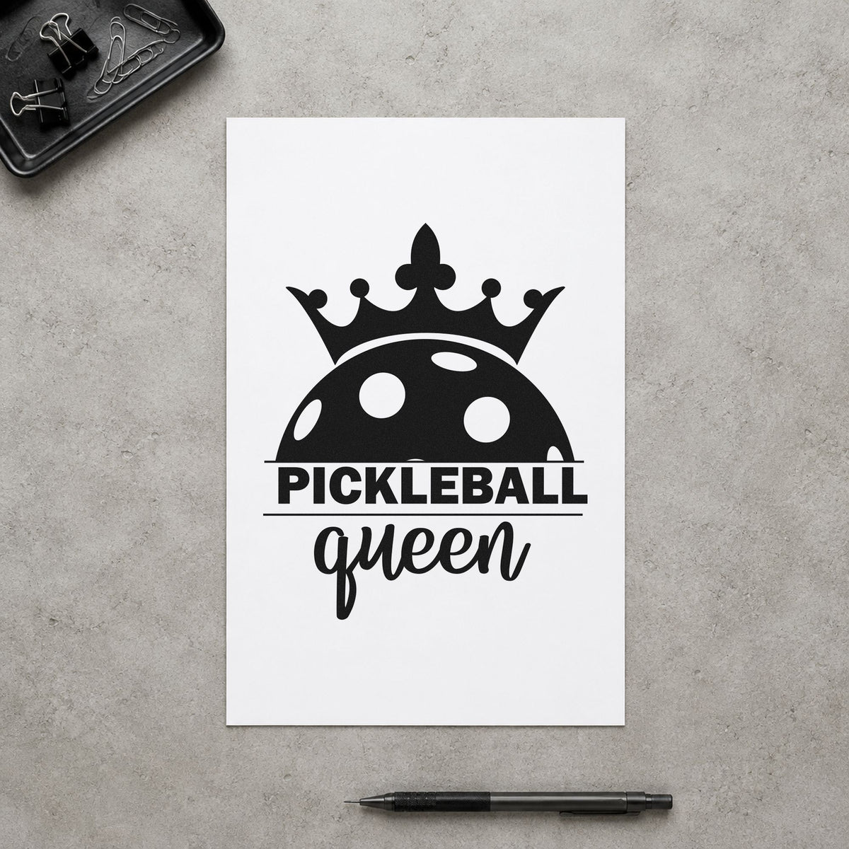 Pickleball Queen Crowned Ball craft stamp in black ink on cardstock, an easy option for birthday album page.