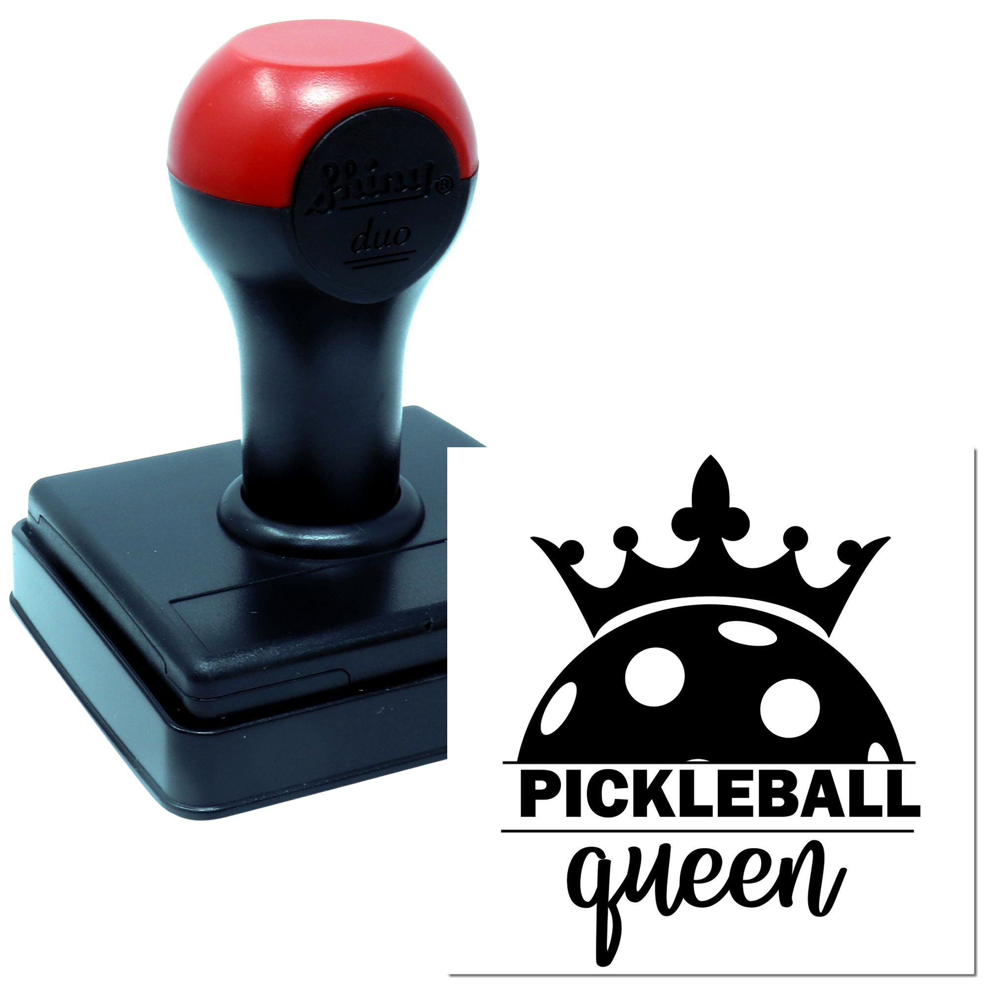 Custom self-inking rubber stamp with Pickleball Queen crown logo for personalized pickleball crafts and gifts.