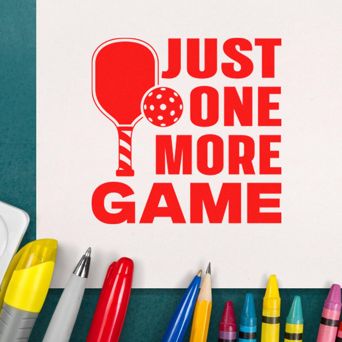 Just One More Game pickleball rubber stamp with paddle and ball, ideal for sports-themed crafts and stationery.