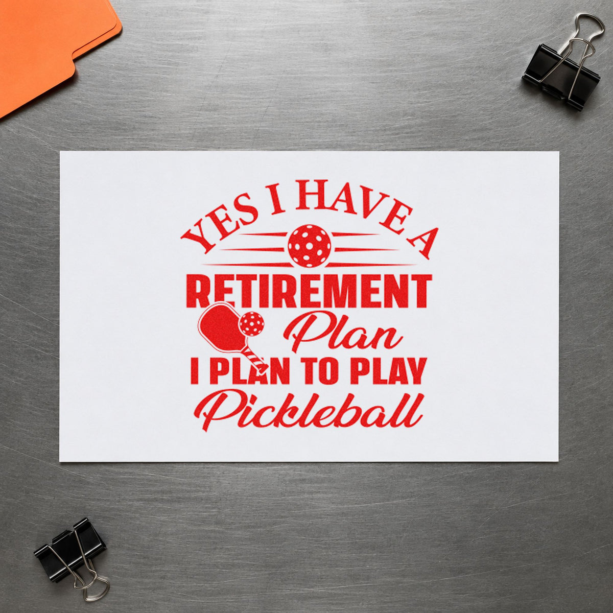 Retirement Plan Play Pickleball craft stamp imprint in red ink on a handmade project, one idea being memory slip cards.