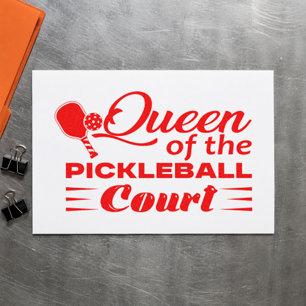 Queen Of Pickleball Court craft stamp imprint in red ink on a handmade project, one idea being dedication cards.
