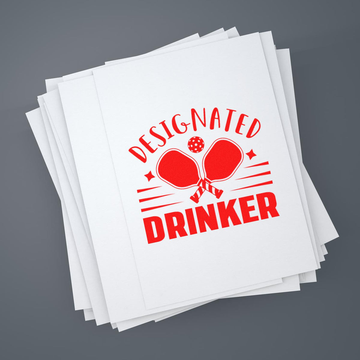 Custom rubber stamp design reading Designated Drinker on stacked papers, ideal for party favor or novelty event branding.